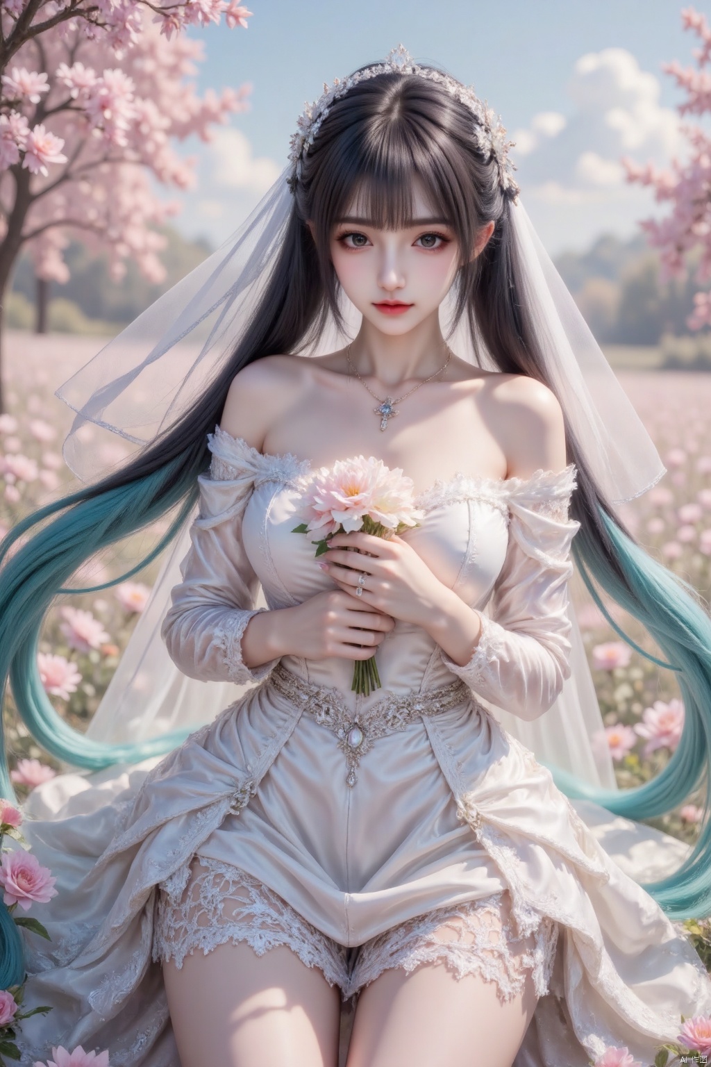 Masterpiece, best quality, high quality, (colorful), medium chest, (black hair: 1.4), (long legs: 1.3),illustration, digital art, official art, 8k wallpaper, Kiri, ultra detailed, beautiful, masterpiece, best quality, pink fantasy theme rainbow style gothic solo, daytime, beautiful girl with a white veil on her head, wedding dress, she is wearing a cosplay costume of the popular virtual singer Hatsune Miku, she has long, bright turquoise twin ponytails, green twin ponytails, green eyes, looking down, daytime, holding a white bouquet of flowers in front of her chest, bright, mysterious, haunting, dramatic, gorgeous, detailed. vibrant, beautiful, flower field, detailed. modern, highly detailed