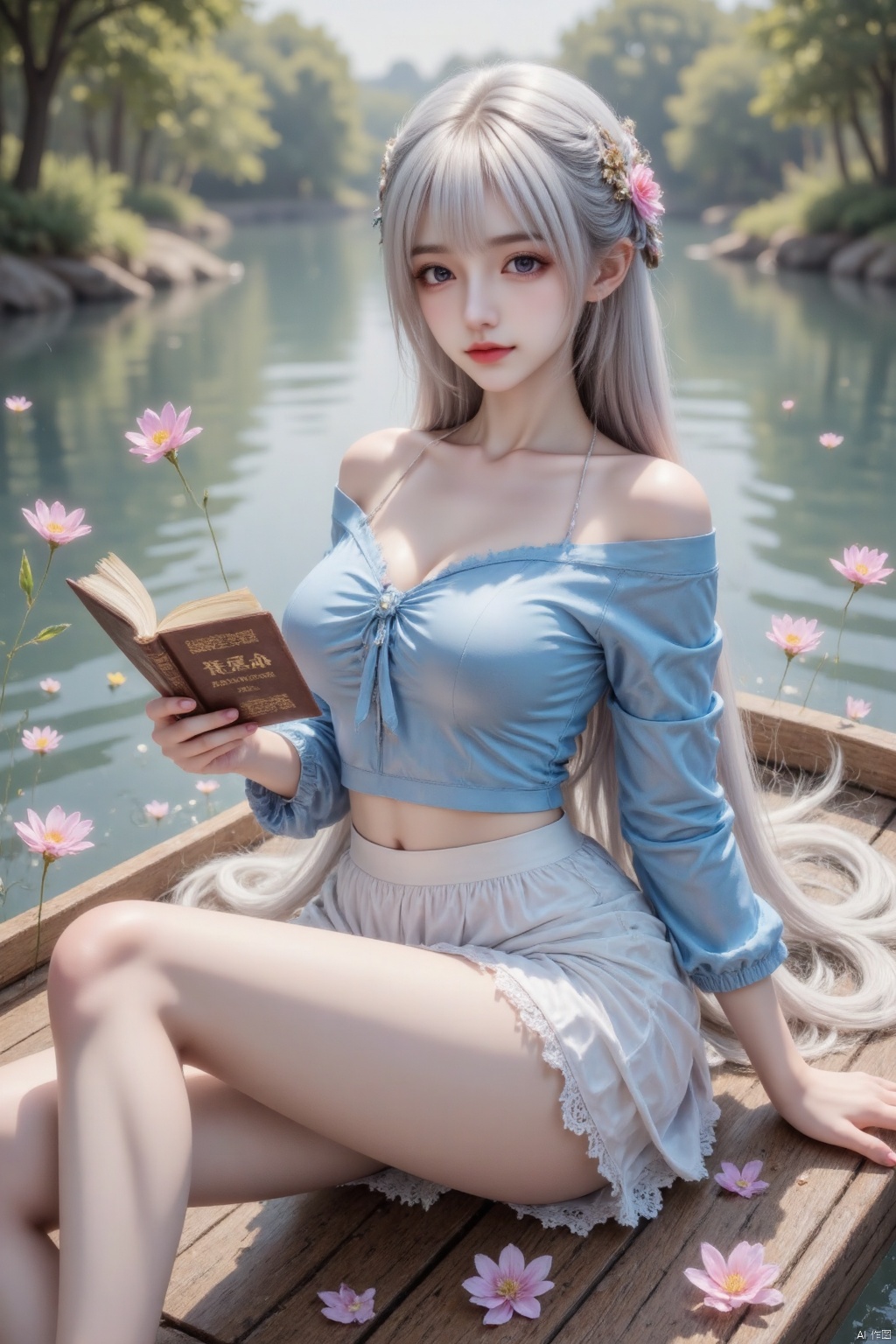 Masterpiece, best quality, high quality, lolita, overexposed, color difference, light, fair skin,A girl, (((small chest))), (slim figure: 1.4), (((thin legs))), (petite: 1.4), (refined and gentle: 1.4)
masterpiece,best quality,high quality,loli,overexposure,chromatic_aberration,light,fair_skin,
//,
1girl,watercraft,book,boat,solo,long hair,white hair,sitting,flower,looking at viewer,hair ornament,hair flower,frills,looking back,purple eyes,water,wide sleeves,braid,open book,crown braid,shirt,white footwear,wooden floor,star (symbol),bow,long sleeves,ribbon,off shoulder,very long hair,floating hair,skirt,book stack,from above,platform footwear,dock,full body,blue shirt,white skirt,holding book,
//,
very aesthetic,absurdres,newest,masterpiece,safe,amazing quality,(aestivation:2.4),(nasii:0.4),(toosaka asagi:0.4),(atdan:0.4),(iumu:0.72),(wlop:0.72),96YOTTEA,Konya Karasue,omone_hokoma_agm,
//,
official art,depth of field,detailed light,blurry background,best shadow,shiny skin,cinematic lighting,ray tracing,
amazing quality,very aesthetic,absurdres,beast quality,ultra detailed,newest,8K,HDR,