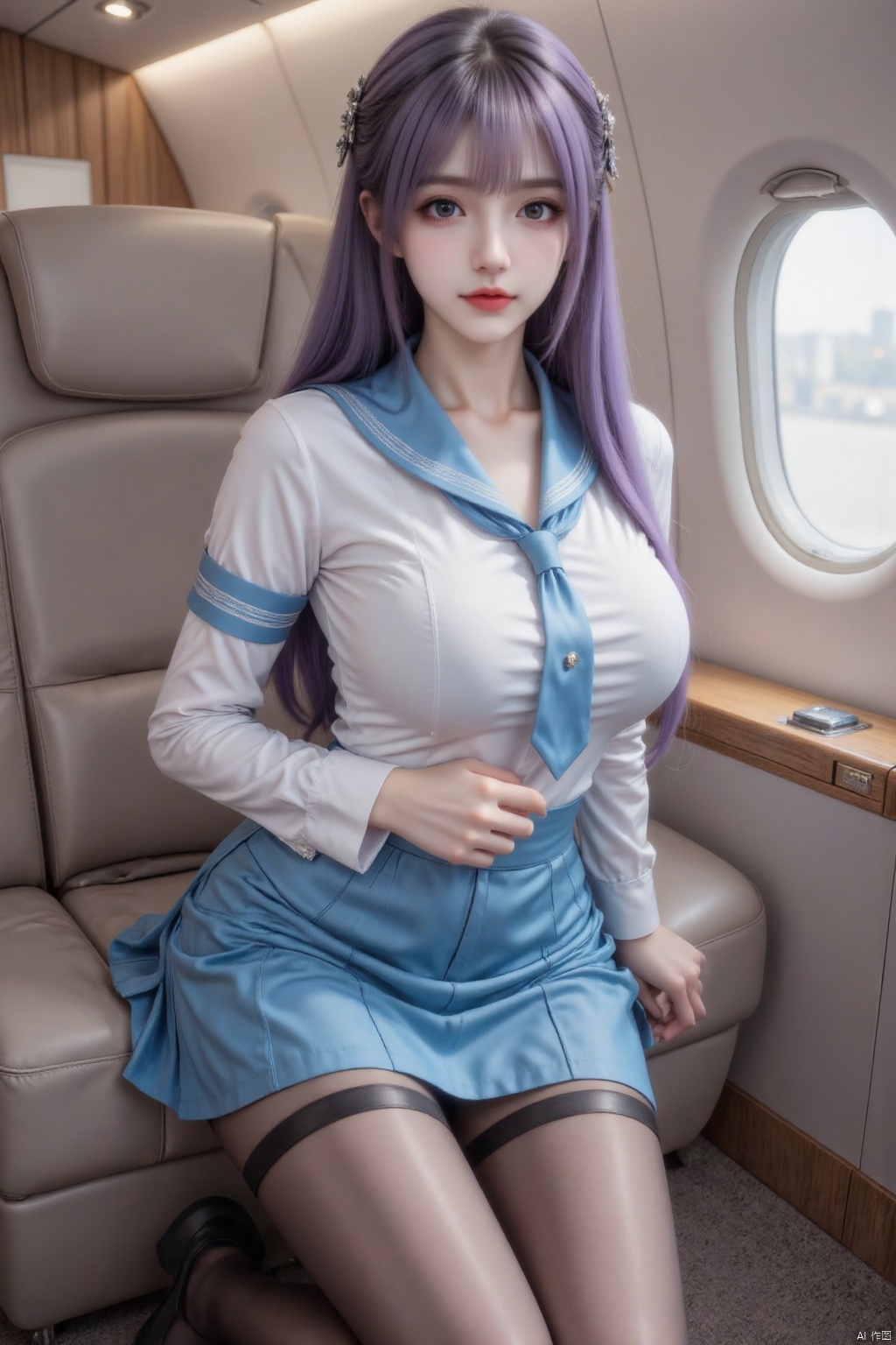 Masterpiece, best quality, high quality, lolita, overexposed, color difference, light, fair skin,A girl, (((small chest))), (slim figure: 1.4), (((thin legs))), (petite: 1.4), (refined and gentle: 1.4),very long legs,kneeling
Masterpiece, best quality, high quality, (colorful), large breasts, (purple hair: 1.4), (long legs 1.5),Real photography, high quality, masterpiece, a girl with light makeup, wearing a jk stewardess uniform, white half-sleeved shirt, light blue twill tie, collar badge, cyan pleated skirt, black silk pantyhose, exquisite high heels, kneeling in the private jet cabin, looking at the camera, professional light and shadow effects, realistic composition