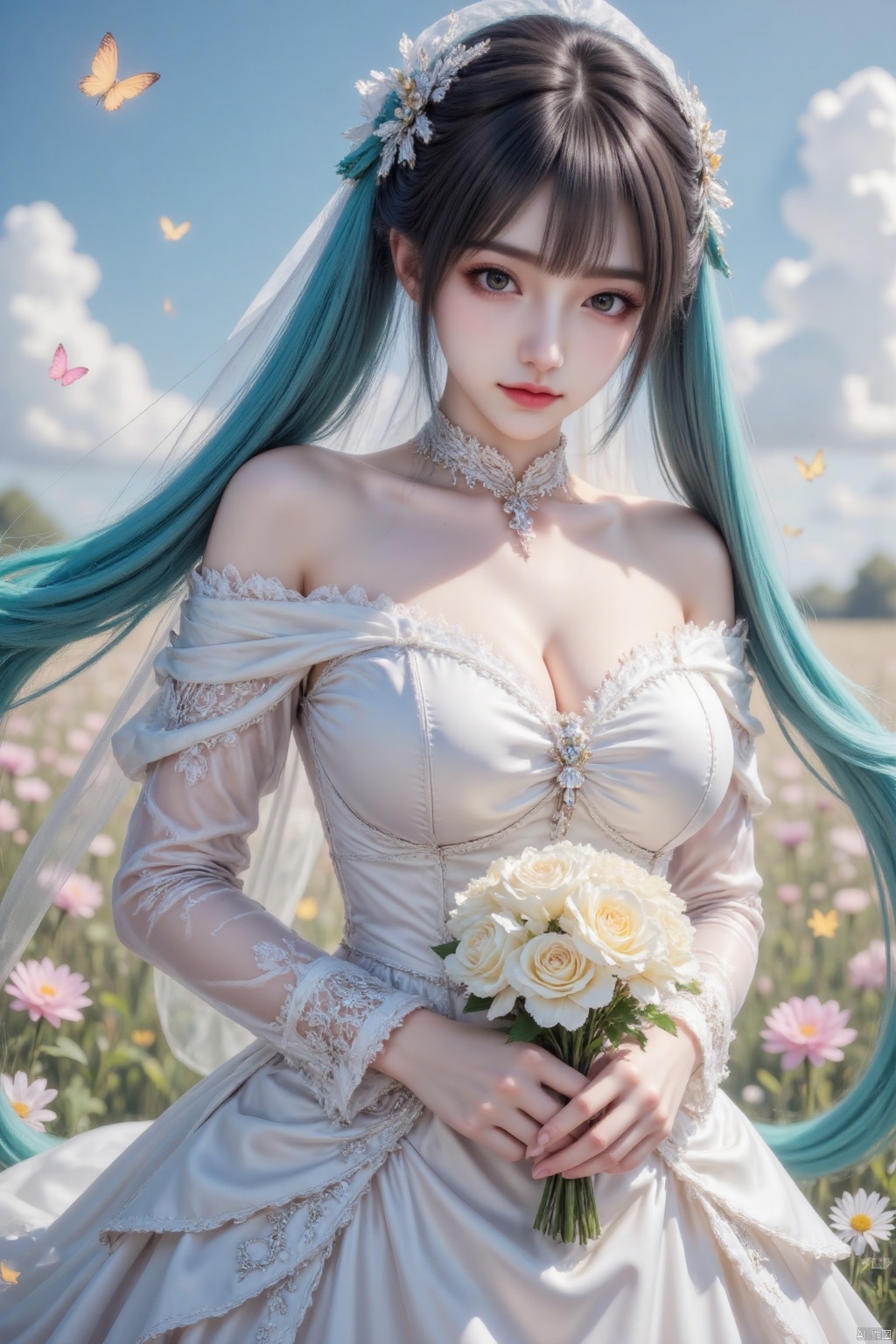 Masterpiece, best quality, high quality, (colorful), medium chest, (black hair: 1.4), (long legs: 1.3),illustration, digital art, official art, 8k wallpaper, Kiri, ultra detailed, beautiful, masterpiece, best quality, pink fantasy theme rainbow style gothic solo, daytime, beautiful girl with a white veil on her head, wedding dress, she is wearing a cosplay costume of the popular virtual singer Hatsune Miku, she has long, bright turquoise twin ponytails, green twin ponytails, green eyes, looking down, daytime, holding a white bouquet of flowers in front of her chest, bright, mysterious, haunting, dramatic, gorgeous, detailed. vibrant, beautiful, flower field, detailed. modern, highly detailed