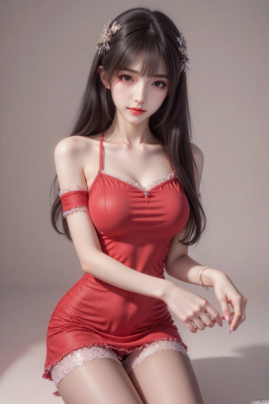 Masterpiece, best quality, high quality, lolita, overexposed, color difference, light, fair skin,A girl, (((small chest))), (slim figure: 1.4), (((thin legs))), (petite: 1.4), (refined and gentle: 1.4)
Best quality,masterpiece,ultra high res,(photorealistic:1.4),raw photo,(a 18-year-old girl), 1girl,solo,,long hair,jewelry,bangs,looking at viewer,,closedmouth,,super long legs,skinny,（pantyhose:1.3), mini short skirt,sssr, Contrast of light and shadow, sun shining on the face, tights, stockings and bodysuit, super high heels,red stockings