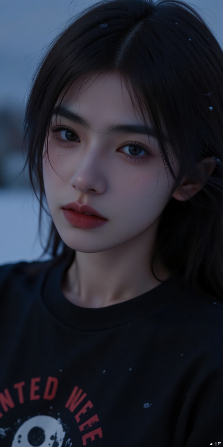 a close-up shot of a young Asian womans face is seen. Her eyes are a piercing brown

and her lips are painted a vibrant shade of red. Her hair is long and cascades over her shoulders

framing her face. She is wearing a black t-shirt with a polka dot design on it

adding a pop of color to the scene. The backdrop is a light blue

and the womans hair is a darker shade of brown.


At night,Outline light,on the roadside,with a Halloween atmosphere,Large area,strong light,backlight from bottom to top,Backlight exposure,legs slightly open,and the light passes through the clothes showcasing long legs,Light up the long legs inside the clothes,The light is blocked by someone,Light passes through the inner thigh,