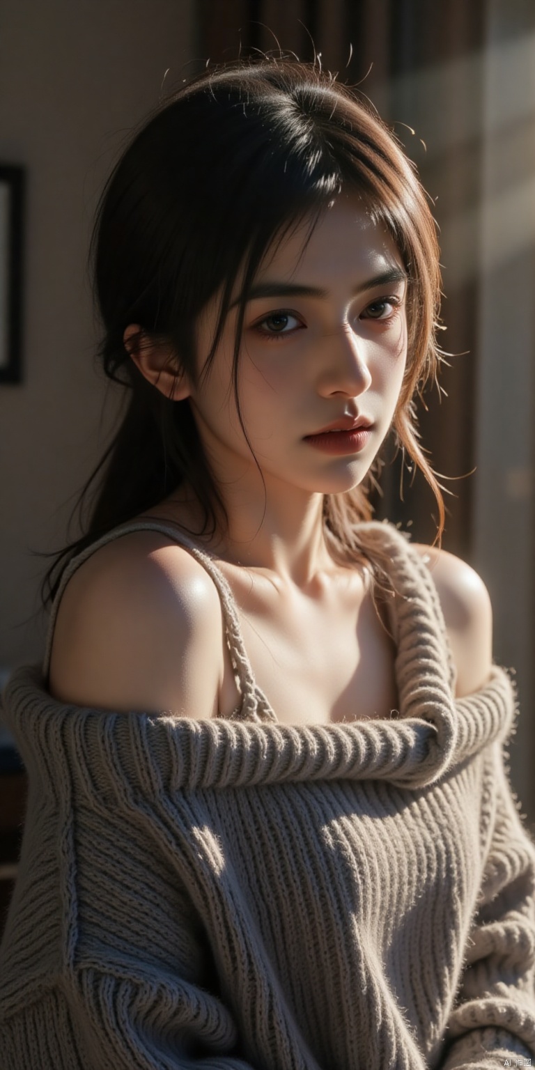 High quality,masterpiece,Portrait,cinematic texture,1girl,sexy_sweater,navel,Scarf,Off shoulder,