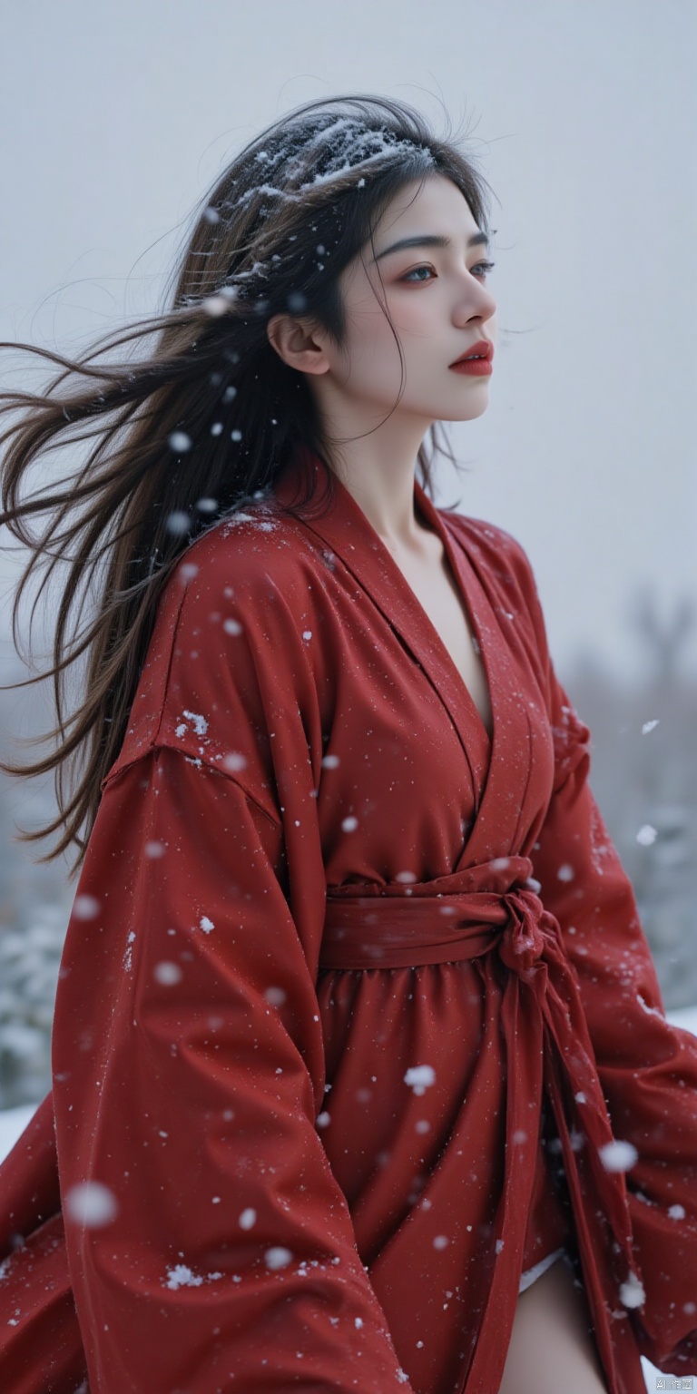 A stunning movie photo featuring a girl in red Hanfu standing tall against the wind, her long hair blown back like a crimson flag. Snowflakes gently fall from the sky above, creating a serene winter wonderland. The subject's face is a masterpiece of sorrow, tears streaming down her cheeks as she gazes upward with partially closed eyes. Her porcelain skin glows softly under the soft lighting, accentuating her enchanting features and alluring cleavage. The composition is diagonal, drawing attention to the girl's bare thighs and seductive pose. The overall effect is a surreal dreamscapes of epic realism, with rich details and natural textures that seem almost too lifelike.