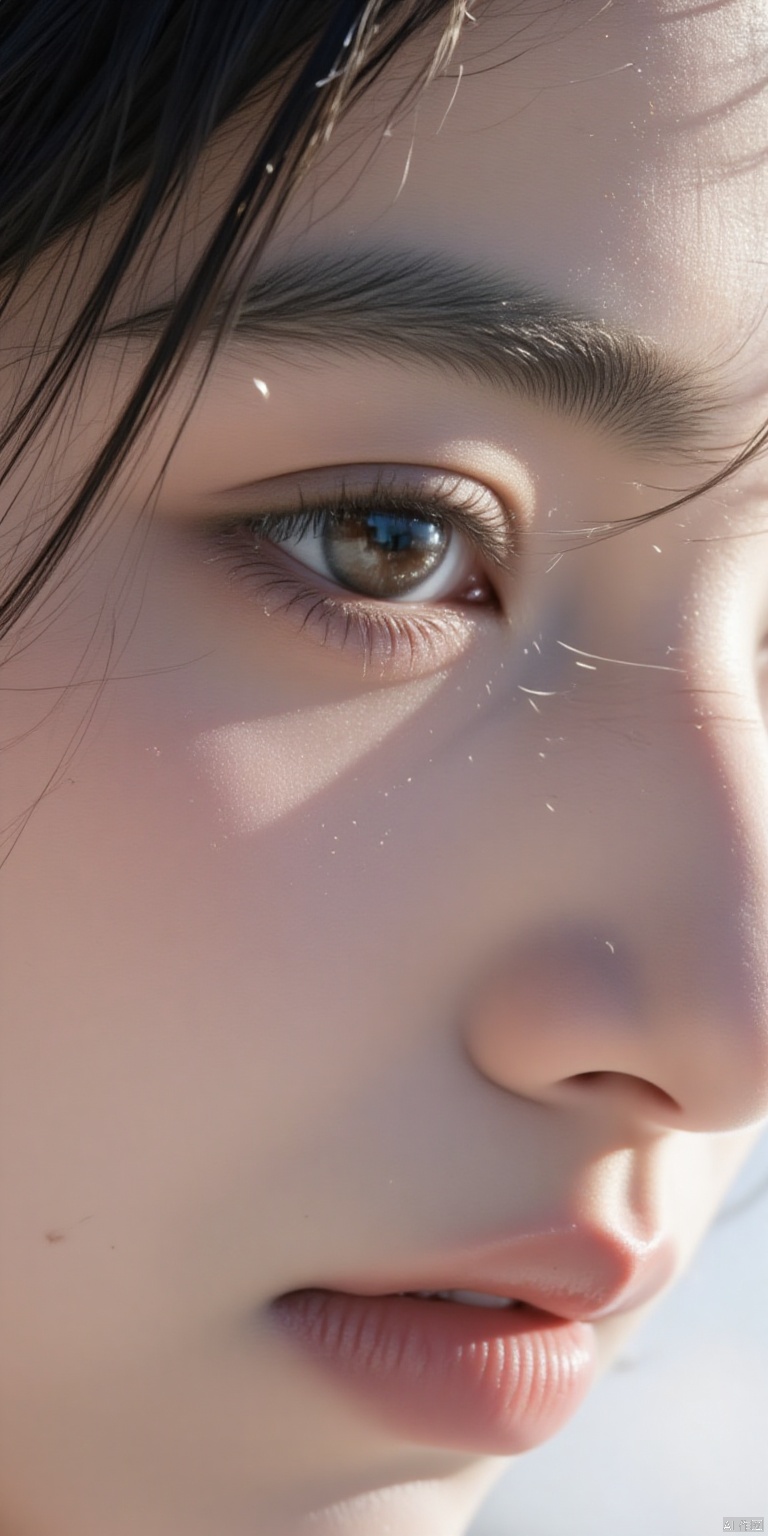 A mesmerizing close-up shot of a captivating young womans face,set against a crisp white background that serves as a canvas for her radiant features. Delicate lines and subtle shading dance across her skin,illuminated by an inner light that seems to glow from within. Her eyes sparkle with a soft,romantic intensity,surrounded by gentle curves and delicate details that seem to whisper secrets of timeless beauty. The overall composition is a symphony of vibrant hues,bursting forth in a kaleidoscope of colors that cast a spell of enchantment.,