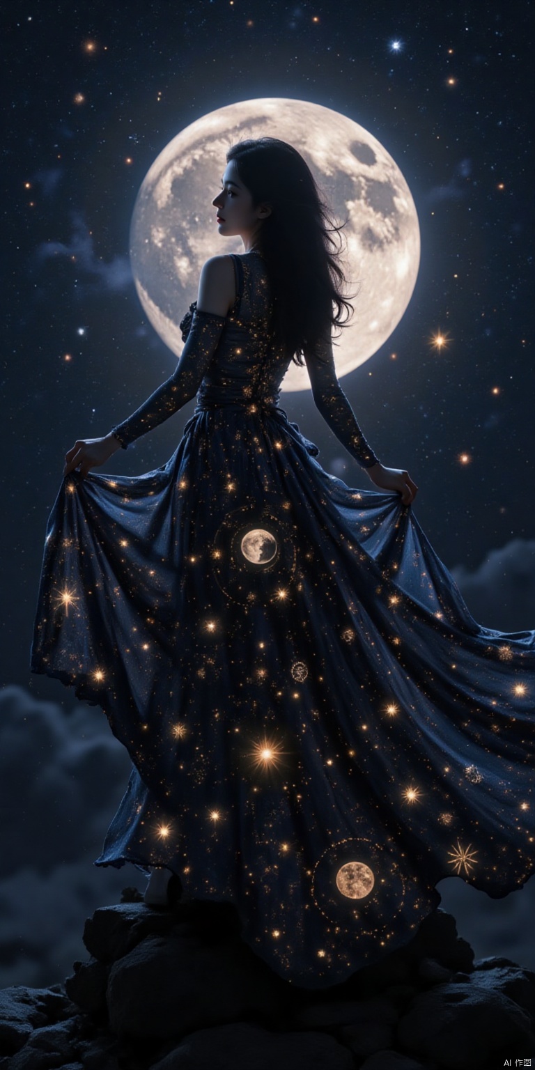 Astrology Oracle Silhouette: Create a mystical silhouette incorporating zodiac elements. The womans form should be adorned with astrological symbols,with her dress flowing into a star chart. Her hair could be a swirl of zodiac constellations. Within the silhouette,include subtle images of planetary bodies and astrological houses. The background should be a deep night sky with a prominent moon phase. Add tarot card imagery or mystical runes floating around her to enhance the divinatory atmosphere.,