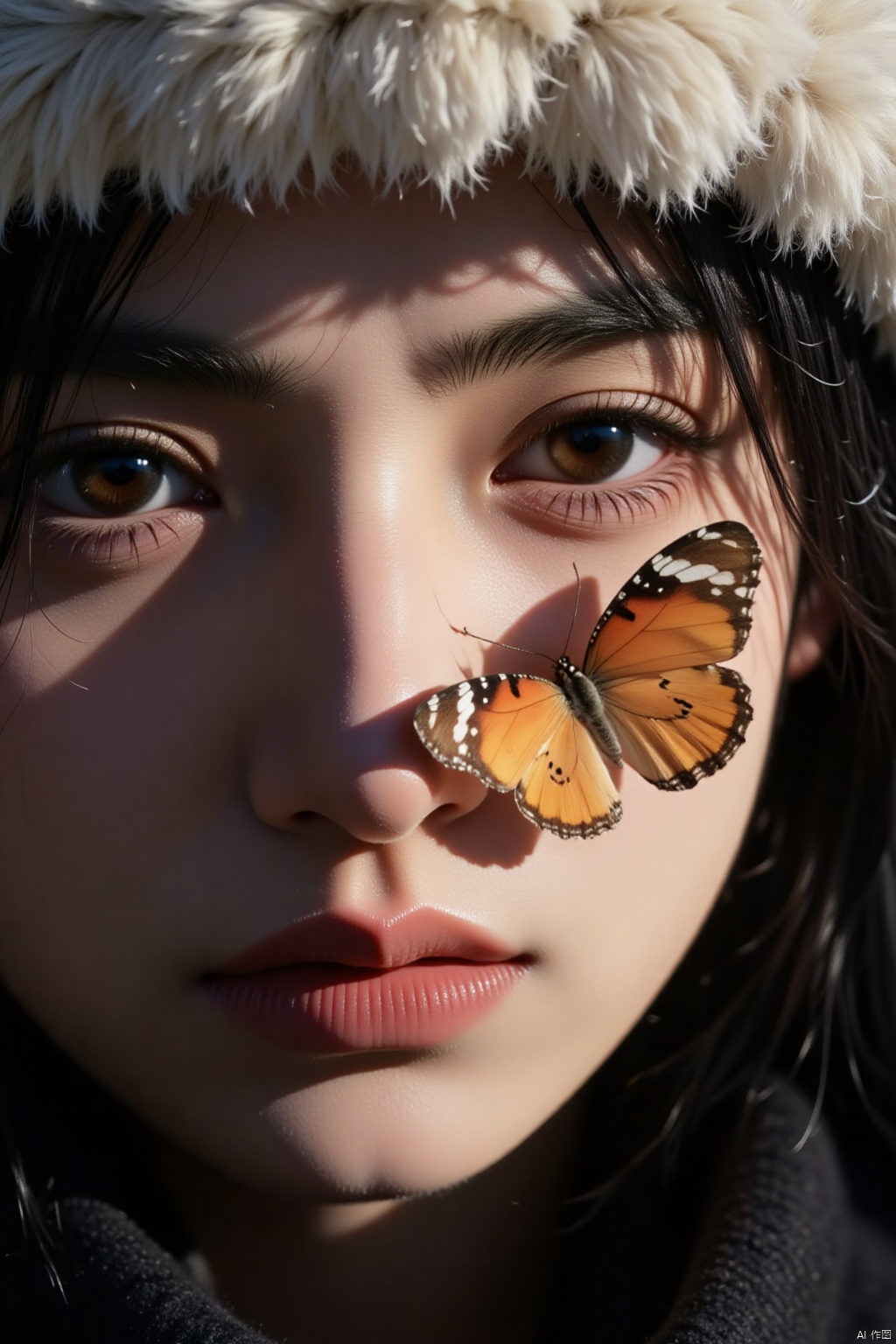 A close-up view of a woman's face,
with a butterfly perched on her left cheek. The butterfly is orange with white markings on its wings. The woman's eyes are brown,
and her hair is black,
and she is wearing a fluffy white fur hat. The background is dark,
and the butterfly is casting a shadow on her face.,