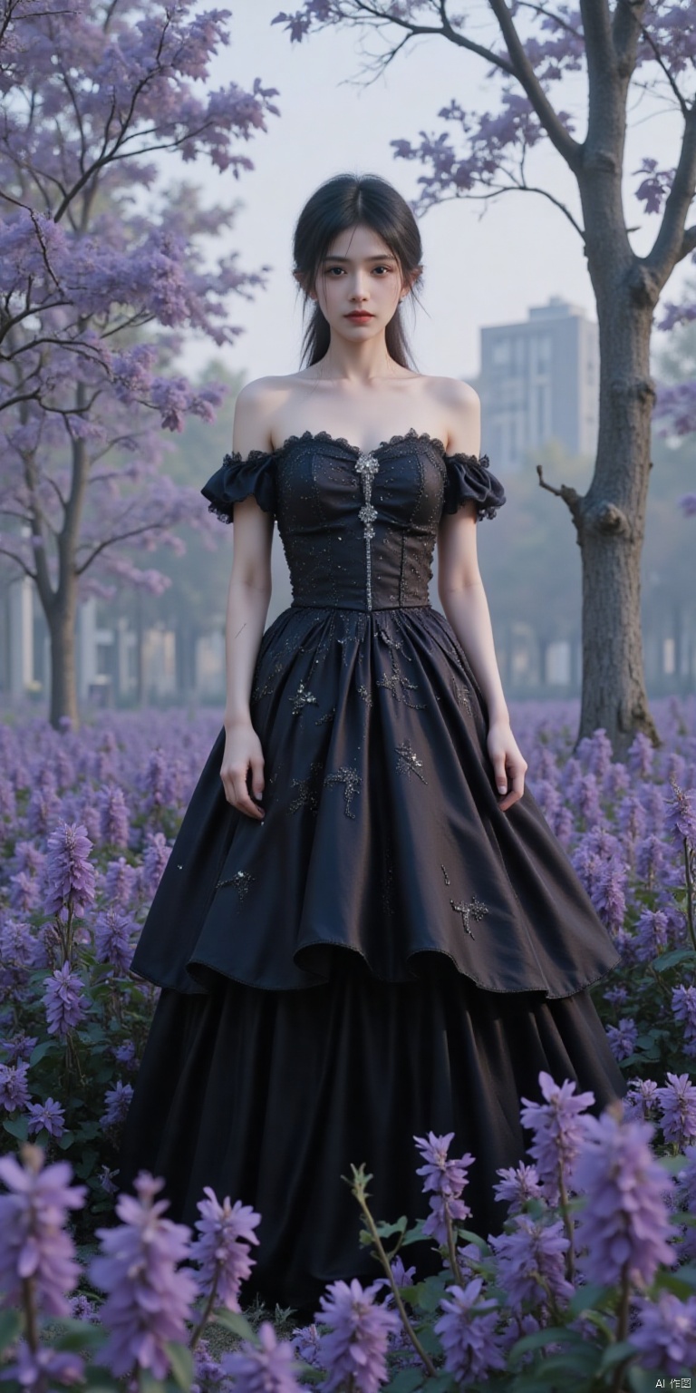 1girl,solo,long hair,breasts,black hair,dress,bare shoulders,(cleavage:1.4),jewelry,standing,earrings,sky,day,cloud,black dress,high heels,lips,strapless,cloudy sky,building,strapless dress,side slit,realistic,on a surreal,ethereal plane. This is a high-resolution photograph featuring a woman standing in a lush,otherworldly landscape. The scene is dominated by a dense carpet of purple flowers,creating a rich,vibrant backdrop that contrasts sharply with the woman's attire. She is wearing an elaborate,floor-length gown in deep,rich purple,adorned with intricate floral embroidery and sparkling embellishments. The dress features a strapless bodice and a voluminous,full-skirted silhouette that billows gracefully,spreading out in a fan-like fashion. Her dark hair is neatly styled in an updo,enhancing the elegance of her appearance. The woman's facial expression is one of serene beauty,with her lips painted a deep red that complements her attire. The setting appears to be an enchanted forest,with tall,slender trees in shades of gray and white,adding a stark,almost surreal contrast to the vivid floral carpet. The overall ambiance is one of mystical elegance,with an air of fairy tale fantasy.,(very aesthetic, best quality,ultra detailed),(sexy and lust),intricate details,dark theme,soothing tones,high contrast,natural skin texture,soft light,sharp,masterpiece,best quality,(ray tracing),sunlight,(scenic view:1.1),vines,invasive flowers,with a high-end texture,in the style of fashion photography,magazine cover,Dynamic Angle,Dynamic posture,Perspective,High Point,pov,(8k, RAW photo, highly detailed,masterpiece, highest quality),rich colors,high contrast,full shot body photo of the most beautiful artwork in the world,cinematic light,fantasy,highres,(detailed face),ultra-realistic,high dynamic range,photoreal,epic realistic,dark shot,shadows,darkness,contrast,layered colors,vivid colors,contrast,offcial art,colorful,splash of color,
