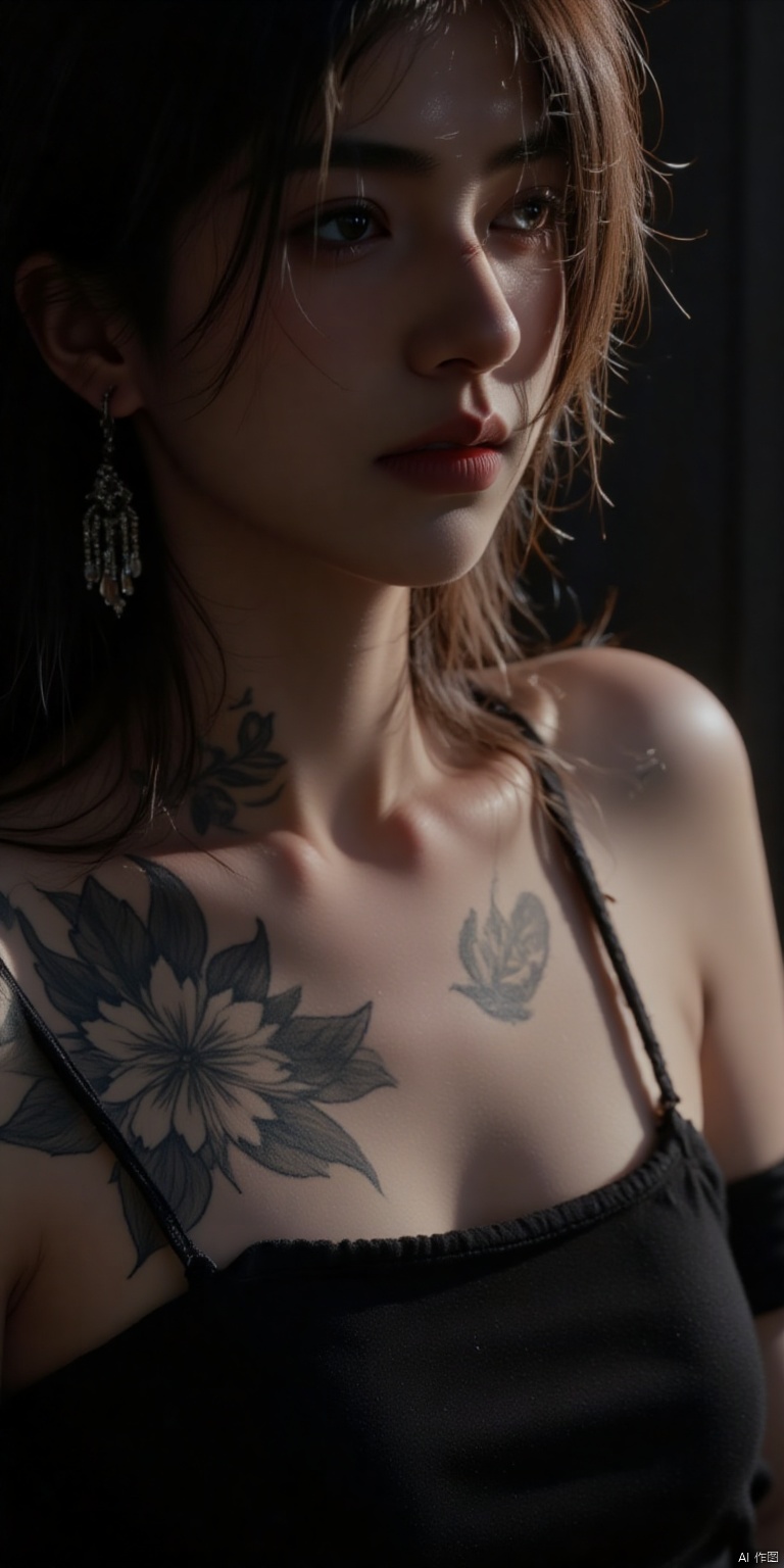 a close-up of a woman's upper body,adorned with a black floral tattoo. The woman's left shoulder is covered in a black sleeveless shirt,while her right shoulder is adorned in a light pink shade. Her hair,long,cascades over her shoulders,is pulled back,framing her face. She is wearing a pair of dangling earrings,adding a touch of sparkle to her skin. The background is blurred,creating a stark contrast to the woman's body.,