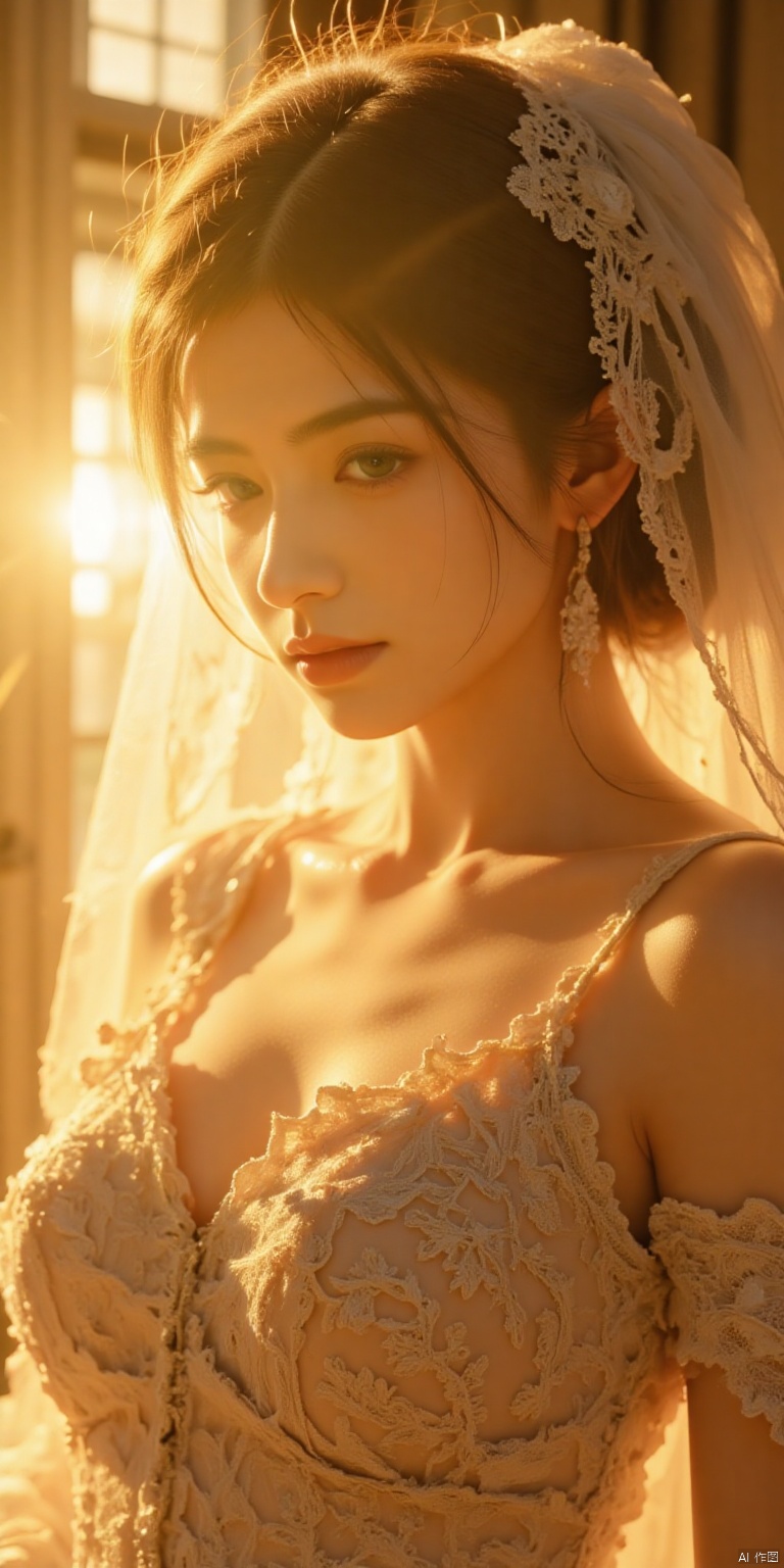 A majestic bride stands before a stunning golden hour backdrop, her serene face radiating beauty as she gazes through the intricate lace of her wedding veil. Delicate details of her slender waist and soft lighting accentuate her natural textures, while the yellow and gold tones evoke a sense of warmth and elegance. Her exquisite features are framed by a church window's gentle glow, with a subtle hint of see-through fabric revealing just a glimpse of her alluring cleavage.