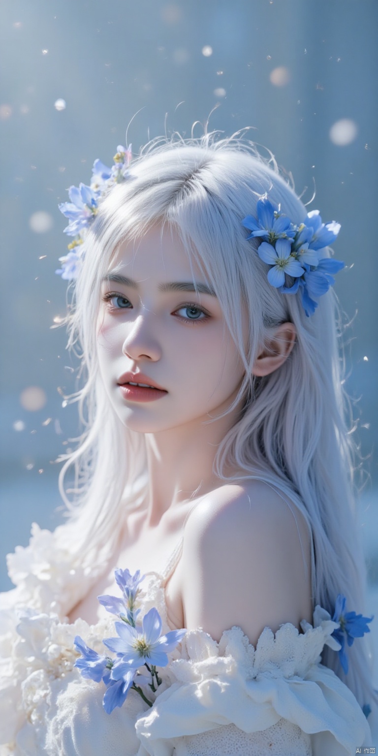 Sacred Style,A serene fantasy scene featuring a girl with ethereal white hair,adorned in delicate blue flowers and surrounded by sparkling water droplets.,1girl,