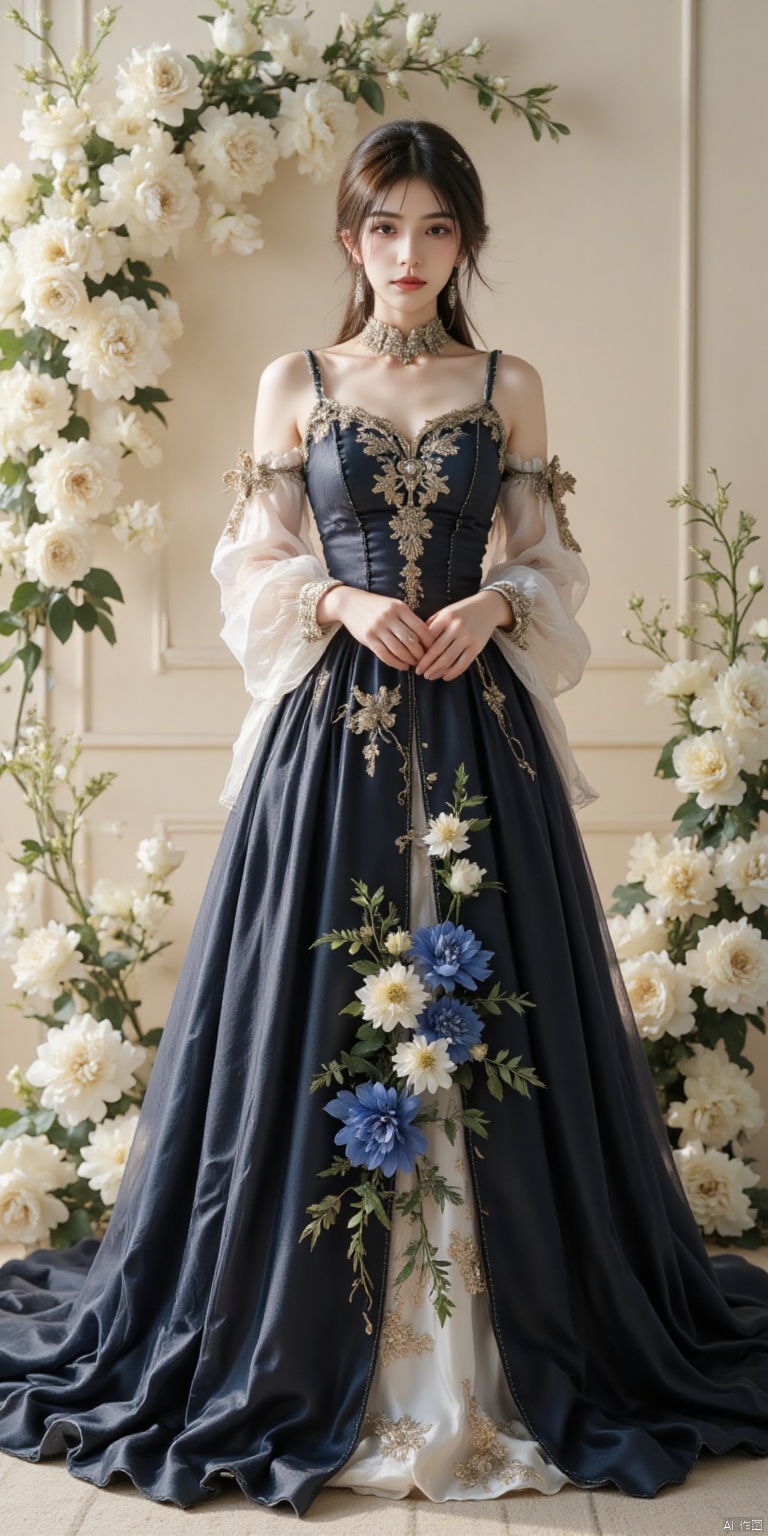 a medium-sized portrait of a woman in a black and white dress adorned with gold embroidery stands in front of a backdrop of white roses. The woman's dress is adorned with a long flowing blue skirt adorned with blue and white flowers adding a touch of color to the scene. The backdrop is a cream-colored wall adorned with white roses adding depth to the composition.,