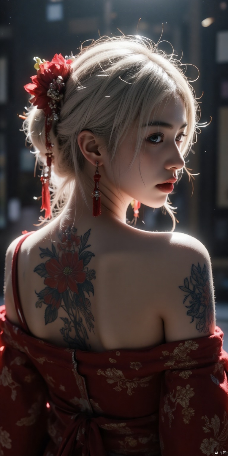 ZOZ_XS
1girl,tattoo,flower,solo,hair flower,hair ornament,back tattoo,earrings,back focus,(from behind:1.2),back,jewelry,white hair,red flower,blue eyes,upper body,looking back,white flower,looking at viewer,bare shoulders,soft focus,indoors,short hair,rose,bangs,tassel,flower tattoo,off shoulder,tassel earrings,shoulder blades,nape,arm tattoo,red rose,bokeh background,japanese kimono,neck tattoo,shoulder tattoo,bare back,closed mouth,east_asian_architecture,(night:1.3),(dramatic lighting:1.1),(low angle:1.4),(unconventional perspective:1.4),(intense bokeh:1.2),Back tattoo is the central focus, delicate details, intricate designs, soft gentle light, mysterious ambiance.