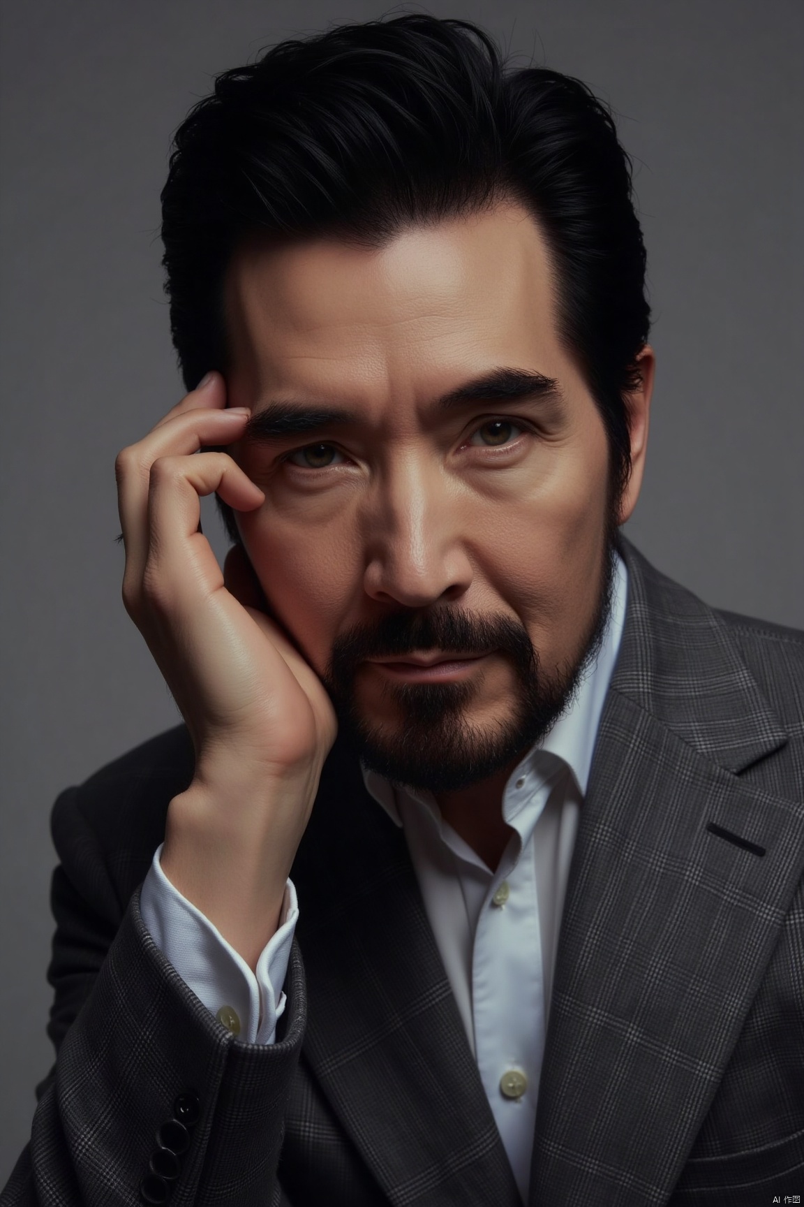 csns,fex,mature men, He has a profound demeanor, with sharp and focused eyes and a calm expression. He supports his cheek with one hand, in an elegant and contemplative posture. Dressed in a high - quality gray suit and a white shirt, he shows his gentlemanly demeanor. The single - tone background highlights the main subject, creating a steady and introverted atmosphere.