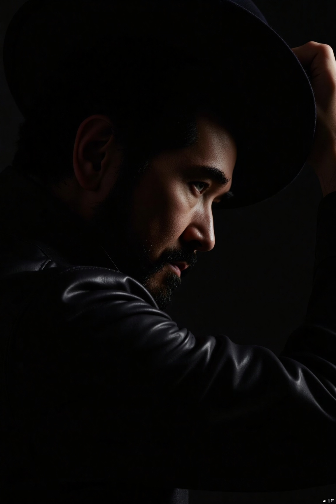 csns,fex,mature men, He has a cold demeanor and a serious expression, with a tough side - face line. He holds a hat with both hands in a neat movement. Dressed in a black leather jacket, he shows a strong texture. The pure black background with a sharp contrast of light and shadow creates a cool and mysterious atmosphere.