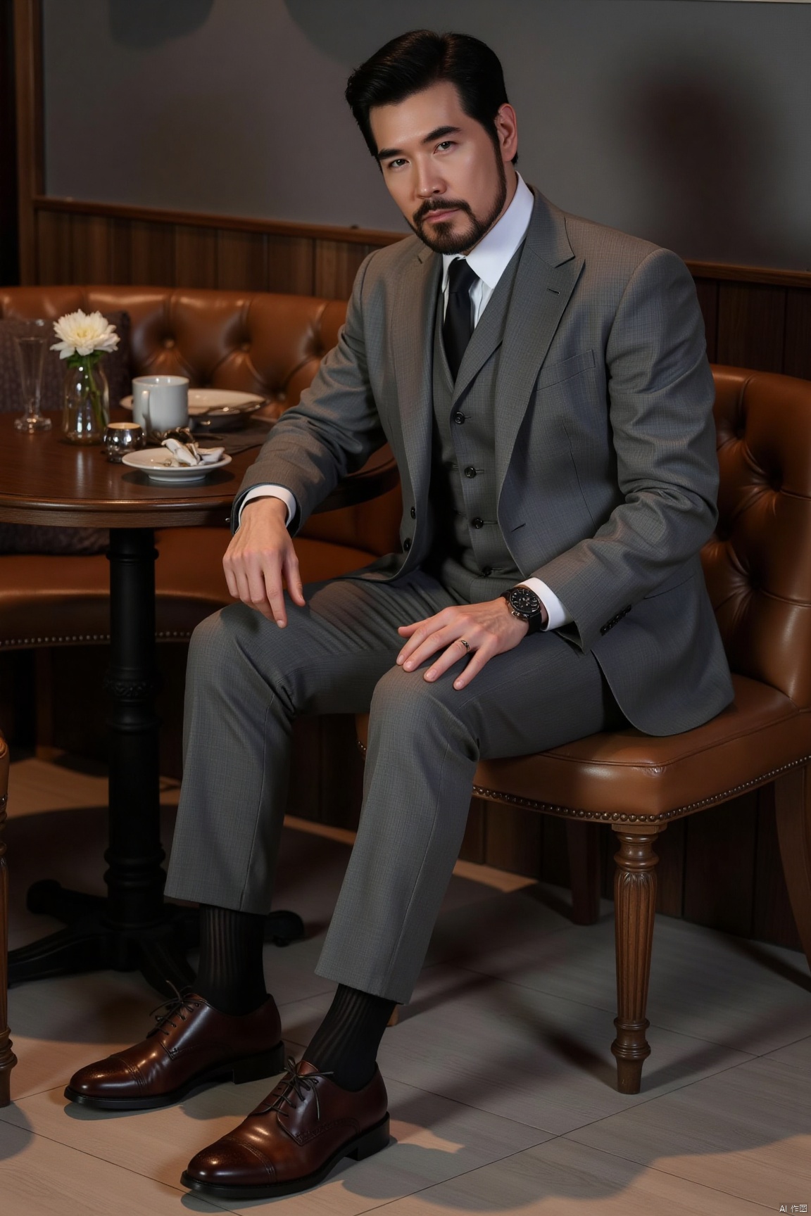 jzns,1man,solo,realistic,male focus,wristwatch, sitting, grey suit,grey pants,black necktie,white shirt,  footwear,black sheer socks, vertical strips socks,brown footwear,cafe, looking at viewer,masterpiece, realistic, best quality, highly detailed,profession,aoinll,csns,fex