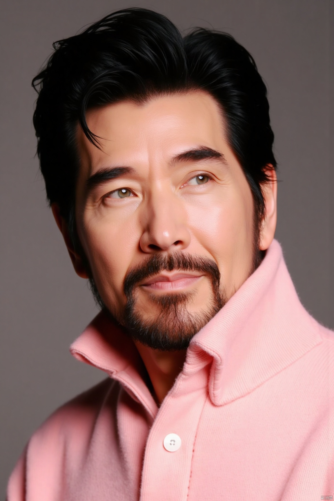 csns,fex,mature men, portrait, His mouth corners are slightly raised, his eyes are gentle, and his facial expression is amiable. He is wearing a pink turtleneck sweater with the collar slightly pulled up, and his posture is natural. The background is gray, with even lighting, creating a warm and soft atmosphere.