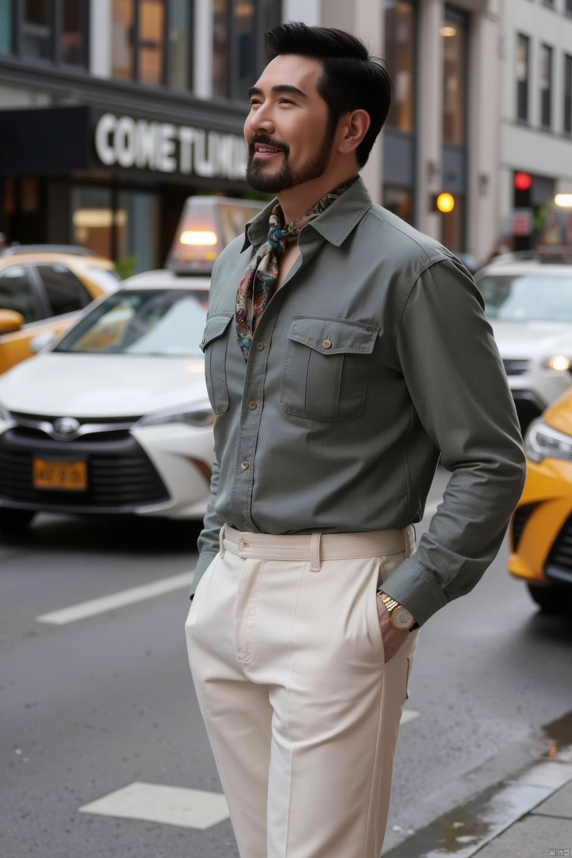 csns,fex,mature men, He is smiling and looking to the side, with a relaxed expression. With his hands in his pockets, his stance is casual, showing a relaxed state. He is dressed in a gray - green shirt and beige trousers, with a patterned silk scarf around his neck, full of fashion sense. The background is a city street with traffic flowing, creating a bustling urban atmosphere.