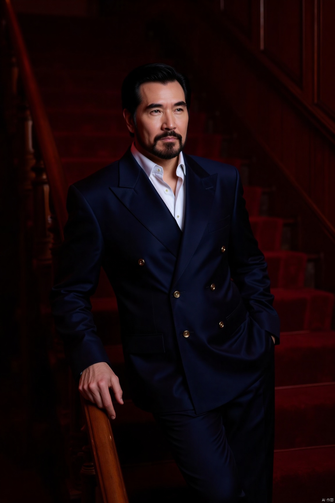csns,fex,mature men, He has a calm expression and deep eyes, leaning against the staircase railing with an elegant posture. He is wearing a dark blue suit with a white shirt underneath, simple yet stylish. The dark red staircase background and soft lighting create a calm and noble atmosphere.