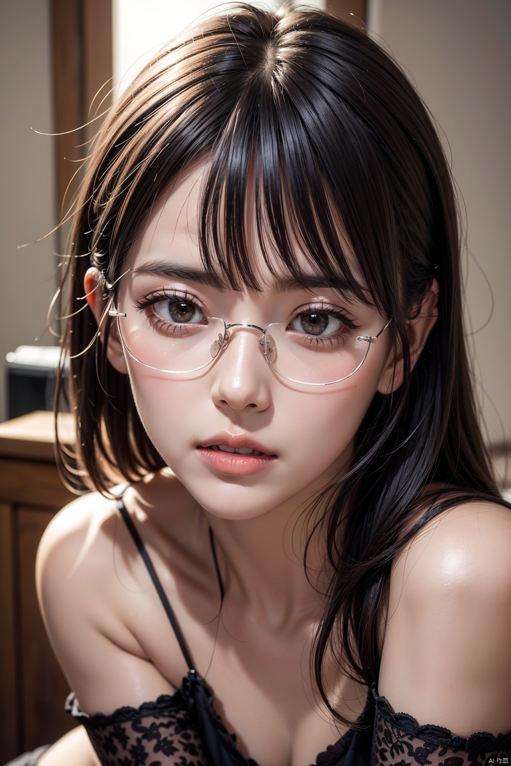 nikon RAW photo,8 k,Fujifilm XT3,masterpiece,best quality,realistic,photorealistic,ultra detailed,extremely detailed face,solo,Amazing,finely detail,ultra realistic details,sharp focus,highres,detailed skin,with soft lighting,real face,real skin,nice eyes,A girl,make up,glasses,secretary,oval face,
full body, thighhighs, folded, skirt, 