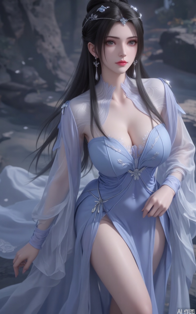 lvjing,limuwan,black hair,long hair,grey eyes,hair_bun,big breasts,white skin,headpiece,earrings,
1girl,bare legs,high heels,dress,blue dress,black hair,jewelry,long hair,solo,earrings,breasts,blue footwear,legs
cover,Close-up details,outstanding style,adding a touch of dimension to your images without compromising details,close-up,