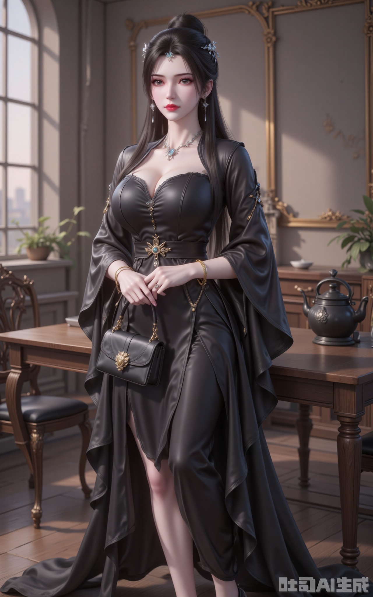 lvjing,limuwan,black hair,long hair,grey eyes,hair_bun,big breasts,white skin,headpiece,earrings, 1girl,handbag,jewelry,solo,dress,necklace,black dress,bag,brown hair,earrings,bracelet,table,indoors,high heels,looking at viewer,brown eyes,standing,black footwear,ring,chair,wooden floor,holding,window,holding bag,realistic cover,Close-up details,outstanding style,adding a touch of dimension to your images without compromising details,close-up,

