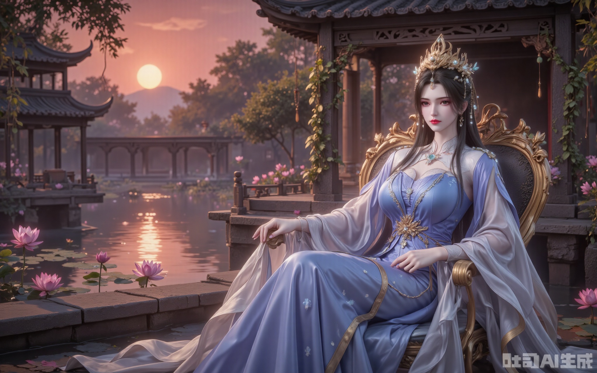 The afterglow of the setting sun dyed the sky red, and the lake surface sparkled with golden light. The green leaves stretched to the sky, and the pink lotus flowers swayed gently, reflecting a serene and ethereal charm. Li Muwan sat quietly on a chair interwoven with flowers and vines. Her wide-sleeved long dress in blue and white trickled down like flowing water. The silver streaks on her sleeves flowed in the twilight, and a faint spiritual light surrounded her. She wore a phoenix crown, with pearls and jade gently hanging down, which set off her black hair as black as ink. Her single bun added a touch of elegance and refinement. The grey eyes gaze into the distance, as if gazing at the long river of time, or as if recalling the past events. A gentle breeze blew, and the hair and the hem of the skirt fluttered. The ancient pavilion behind was reflected on the lake, and together with the lotus flowers in the pond, they formed a picture of ink-wash painting. The low-angle lens blends her figure with the universe. The warm glow of the setting sun gilds her outline with a faint golden edge, as if in the next moment, she will be carried by the wind into this landscape painting.
lvjing,limuwan