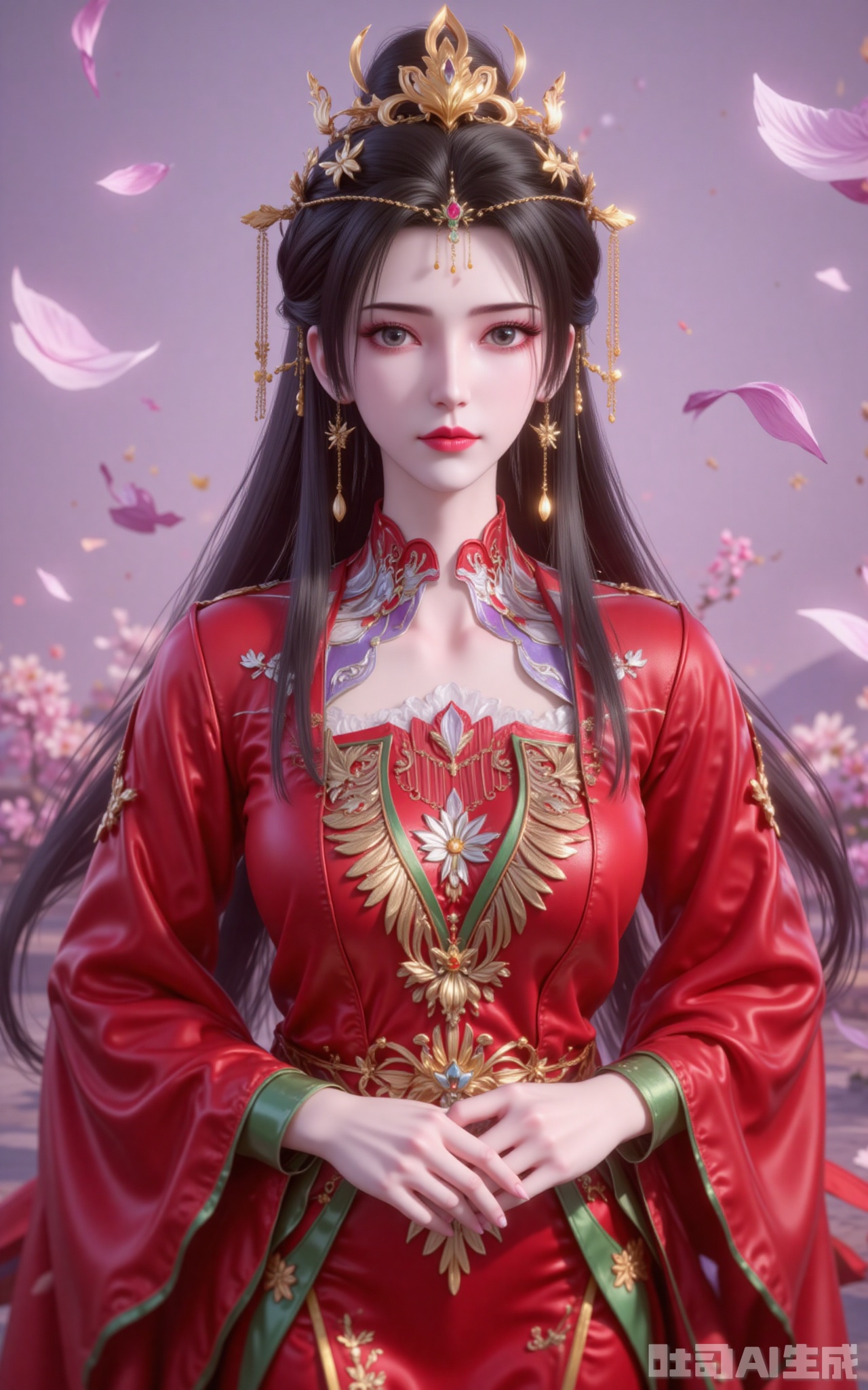 lvjing,limuwan,black hair,long hair,grey eyes,hair_bun,big breasts,white skin,headpiece,earrings, phoenix_crown,earrings,1girl,long hair,solo,falling petals,dress,flower,petals,hair ornament,long sleeves,red dress,black hair,jewelry,chinese clothes,earrings,wide sleeves,closed mouth,hands folded in the abdomen,upper body,simple background,gradient_background, cover,Close-up details,outstanding style,adding a touch of dimension to your images without compromising details,close-up,

