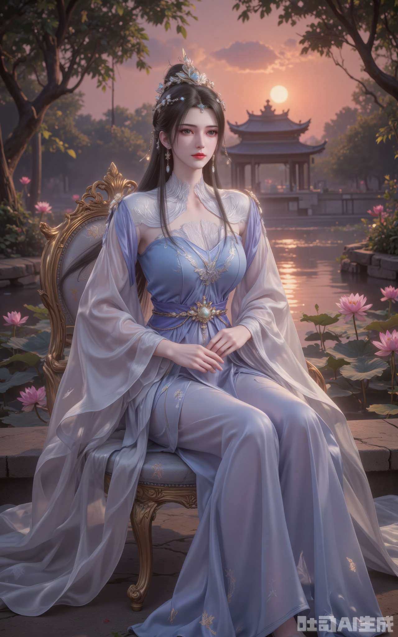 The afterglow of the setting sun dyed the sky red, and the lake surface sparkled with golden light. The green leaves stretched to the sky, and the pink lotus flowers swayed gently, reflecting a serene and ethereal charm. Li Muwan sat quietly on a chair interwoven with flowers and vines. Her wide-sleeved long dress in blue and white trickled down like flowing water. The silver streaks on her sleeves flowed in the twilight, and a faint spiritual light surrounded her. She wore a phoenix crown, with pearls and jade gently hanging down, which set off her black hair as black as ink. Her single bun added a touch of elegance and refinement. The grey eyes gaze into the distance, as if gazing at the long river of time, or as if recalling the past events. A gentle breeze blew, and the hair and the hem of the skirt fluttered. The ancient pavilion behind was reflected on the lake, and together with the lotus flowers in the pond, they formed a picture of ink-wash painting. The low-angle lens blends her figure with the universe. The warm glow of the setting sun gilds her outline with a faint golden edge, as if in the next moment, she will be carried by the wind into this landscape painting.
lvjing,limuwan