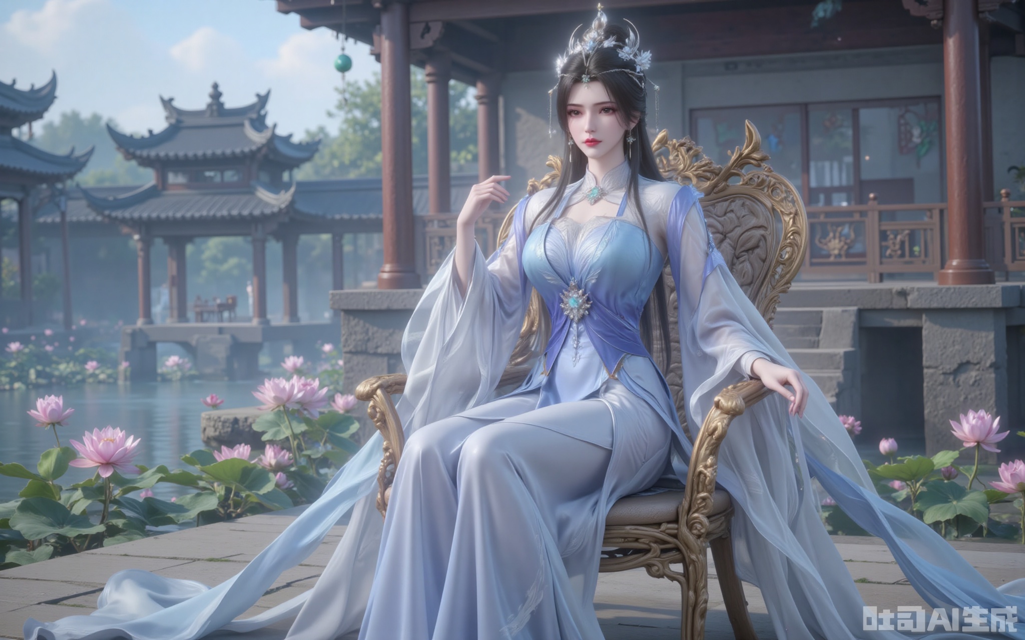 Li Muwan sat upright on the rattan flower chair. Her long dress with a gradient of blue and white was woven from the silk of the celestial silkworm, and the hem of the dress was embroidered with flowing cloud patterns and dark flowers. The pearls and jade on the phoenix crown refract a seven-colored halo in the sunlight, creating a texture contrast with the cascading black hair. In the grey eyes, there seemed to be a starry river flowing. The jade hairpin on the single chignon hung down two strands of black hair, gently brushing against the porcelain-white cheeks in the wind. The clear lake surface reflects cotton candy-like clouds. The tender pink of the newly blooming lotus leaves and the emerald green of the green leaves form a harmonious Morandi color scheme. The wood grain of the ancient pavilion is clearly visible, and the wind chimes at the eaves sway in the gentle breeze without making a sound.
lvjing,limuwan