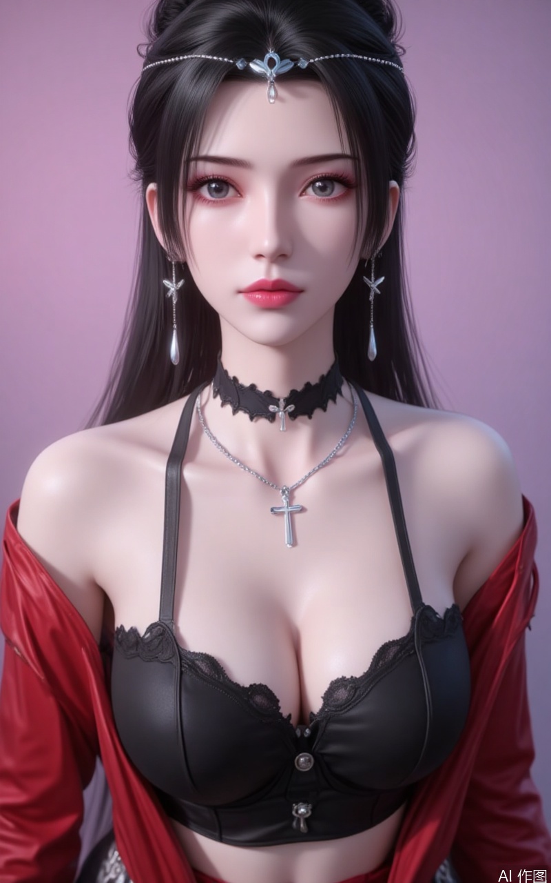 lvjing,limuwan,black hair,long hair,grey eyes,hair_bun,big breasts,white skin,headpiece,earrings,
1girl,katsuragi misato,solo,breasts,jewelry,cleavage,upper body,long hair,choker,looking at viewer,earrings,cross,bangs,necklace,jacket,collarbone,closed mouth,parted bangs,bare shoulders,open clothes,off shoulder,black choker,open jacket,red jacket,cross necklace,stud earrings,large breasts,beret,gradient background,black bra,spaghetti strap,bra
cover,Close-up details,outstanding style,adding a touch of dimension to your images without compromising details,close-up,