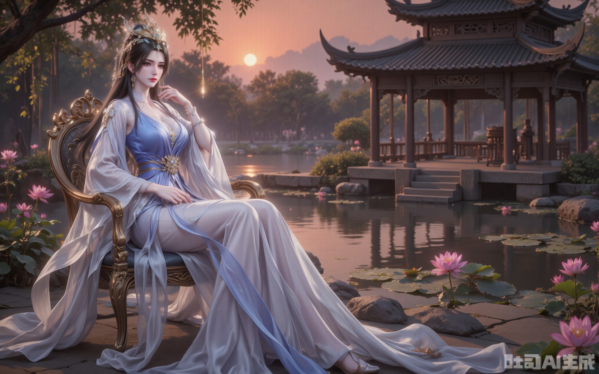 The afterglow of the setting sun dyed the sky red, and the lake surface sparkled with golden light. The green leaves stretched to the sky, and the pink lotus flowers swayed gently, reflecting a serene and ethereal charm. Li Muwan sat quietly on a chair interwoven with flowers and vines. Her wide-sleeved long dress in blue and white trickled down like flowing water. The silver streaks on her sleeves flowed in the twilight, and a faint spiritual light surrounded her. She wore a phoenix crown, with pearls and jade gently hanging down, which set off her black hair as black as ink. Her single bun added a touch of elegance and refinement. The grey eyes gaze into the distance, as if gazing at the long river of time, or as if recalling the past events. A gentle breeze blew, and the hair and the hem of the skirt fluttered. The ancient pavilion behind was reflected on the lake, and together with the lotus flowers in the pond, they formed a picture of ink-wash painting. The low-angle lens blends her figure with the universe. The warm glow of the setting sun gilds her outline with a faint golden edge, as if in the next moment, she will be carried by the wind into this landscape painting.
lvjing,limuwan