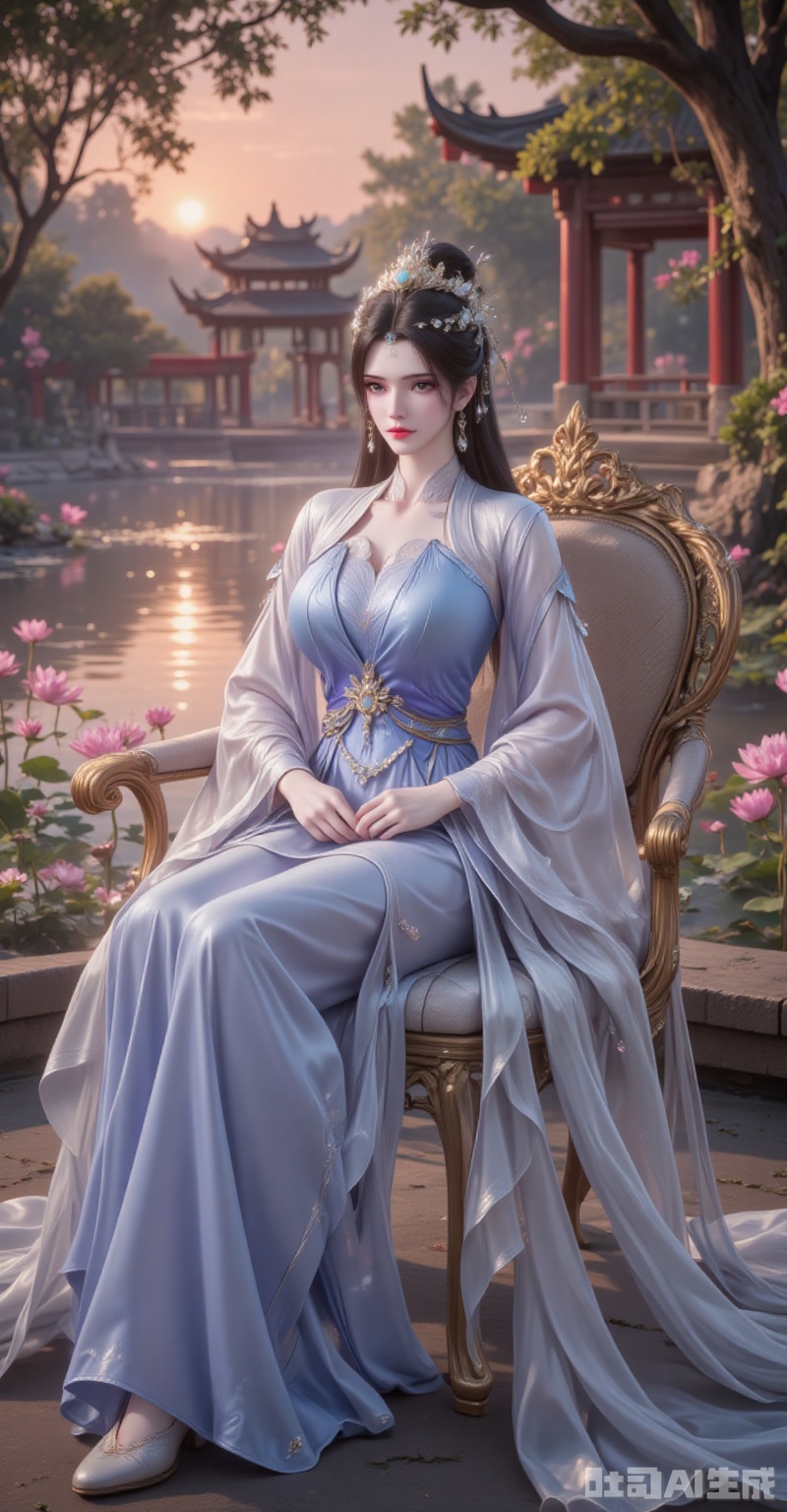 The afterglow of the setting sun dyed the sky red, and the lake surface sparkled with golden light. The green leaves stretched to the sky, and the pink lotus flowers swayed gently, reflecting a serene and ethereal charm. Li Muwan sat quietly on a chair interwoven with flowers and vines. Her wide-sleeved long dress in blue and white trickled down like flowing water. The silver streaks on her sleeves flowed in the twilight, and a faint spiritual light surrounded her. She wore a phoenix crown, with pearls and jade gently hanging down, which set off her black hair as black as ink. Her single bun added a touch of elegance and refinement. The grey eyes gaze into the distance, as if gazing at the long river of time, or as if recalling the past events. A gentle breeze blew, and the hair and the hem of the skirt fluttered. The ancient pavilion behind was reflected on the lake, and together with the lotus flowers in the pond, they formed a picture of ink-wash painting. The low-angle lens blends her figure with the universe. The warm glow of the setting sun gilds her outline with a faint golden edge, as if in the next moment, she will be carried by the wind into this landscape painting. lvjing,limuwan

