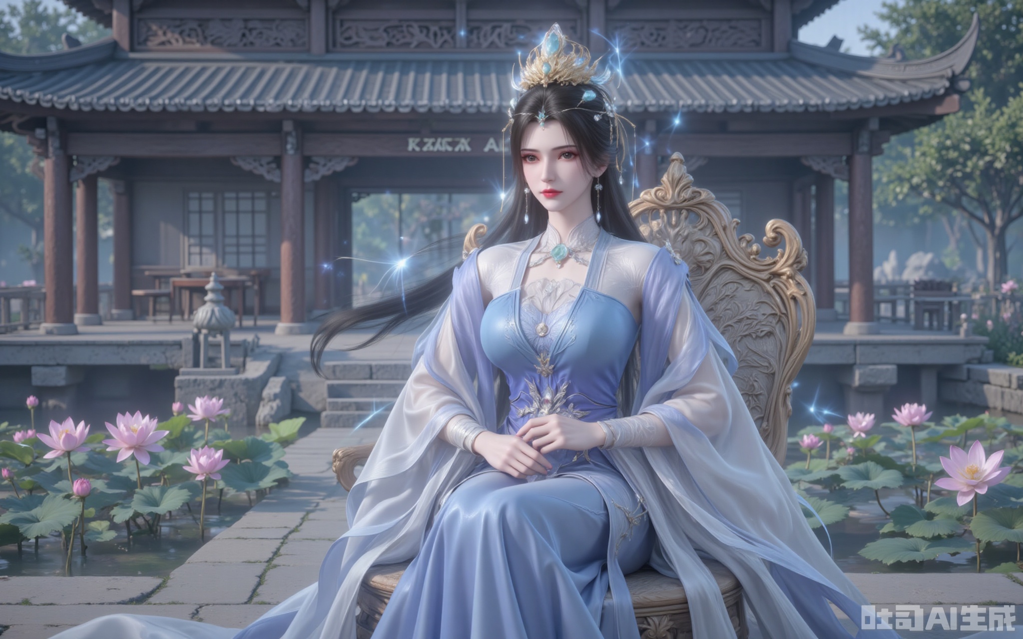 Li Muwan sat upright on the rattan flower chair. Her long dress with a gradient of blue and white was woven from the silk of the celestial silkworm, and the hem of the dress was embroidered with flowing cloud patterns and dark flowers. The pearls and jade on the phoenix crown refract a seven-colored halo in the sunlight, creating a texture contrast with the cascading black hair. In the grey eyes, there seemed to be a starry river flowing. The jade hairpin on the single chignon hung down two strands of black hair, gently brushing against the porcelain-white cheeks in the wind. The clear lake surface reflects cotton candy-like clouds. The tender pink of the newly blooming lotus leaves and the emerald green of the green leaves form a harmonious Morandi color scheme. The wood grain of the ancient pavilion is clearly visible, and the wind chimes at the eaves sway in the gentle breeze without making a sound.
lvjing,limuwan