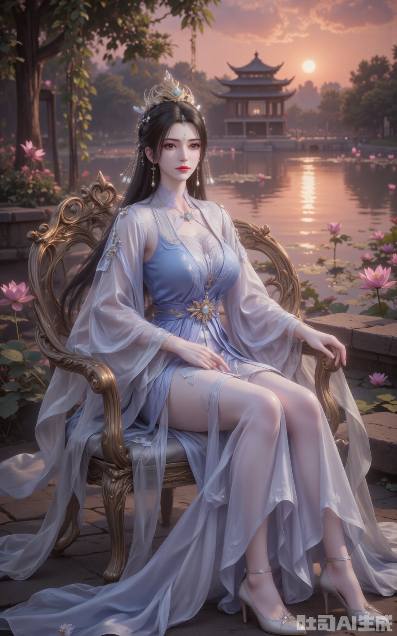 The afterglow of the setting sun dyed the sky red, and the lake surface sparkled with golden light. The green leaves stretched to the sky, and the pink lotus flowers swayed gently, reflecting a serene and ethereal charm. Li Muwan sat quietly on a chair interwoven with flowers and vines. Her wide-sleeved long dress in blue and white trickled down like flowing water. The silver streaks on her sleeves flowed in the twilight, and a faint spiritual light surrounded her. She wore a phoenix crown, with pearls and jade gently hanging down, which set off her black hair as black as ink. Her single bun added a touch of elegance and refinement. The grey eyes gaze into the distance, as if gazing at the long river of time, or as if recalling the past events. A gentle breeze blew, and the hair and the hem of the skirt fluttered. The ancient pavilion behind was reflected on the lake, and together with the lotus flowers in the pond, they formed a picture of ink-wash painting. The low-angle lens blends her figure with the universe. The warm glow of the setting sun gilds her outline with a faint golden edge, as if in the next moment, she will be carried by the wind into this landscape painting.
lvjing,limuwan