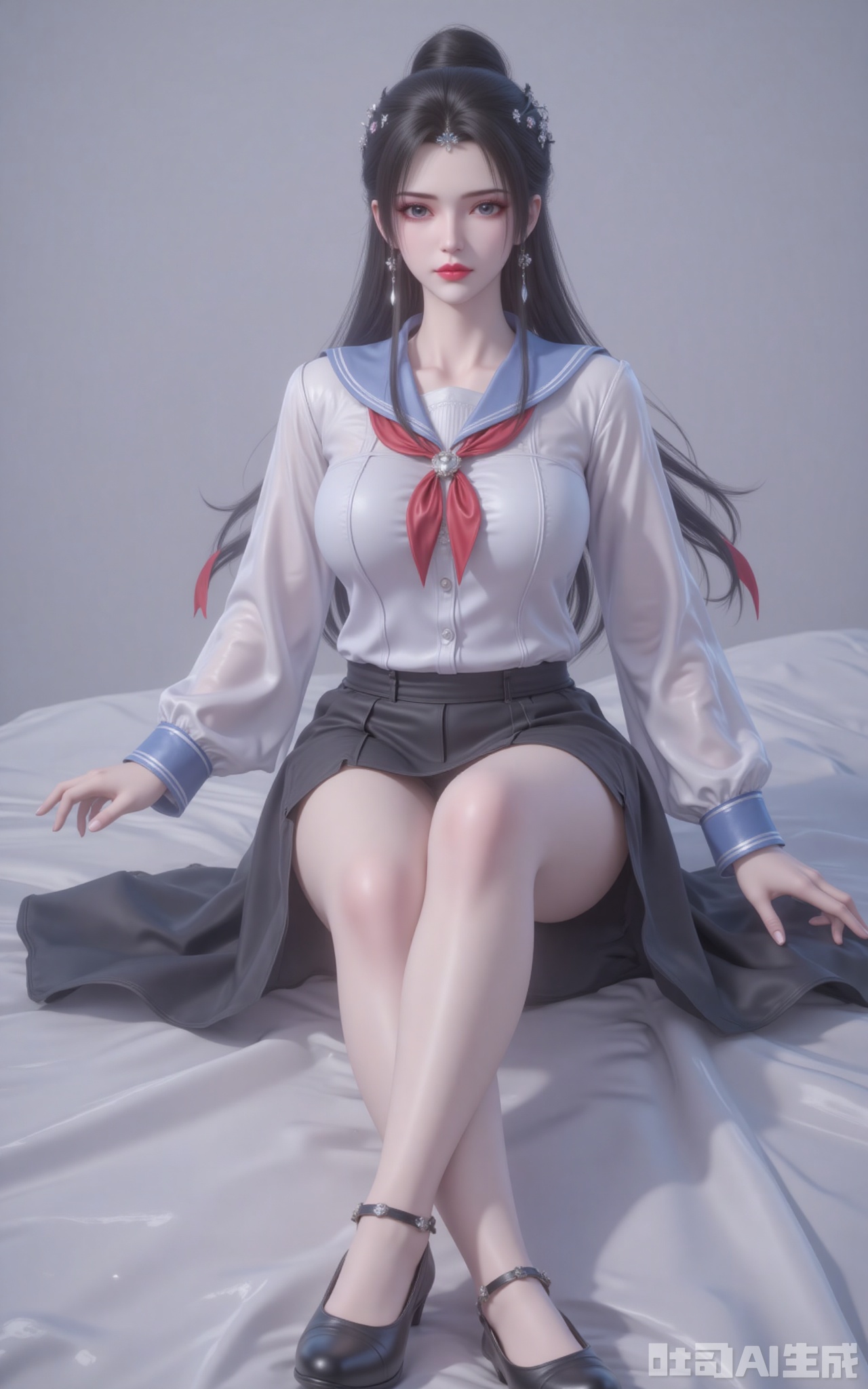 lvjing,limuwan,black hair,long hair,grey eyes,hair_bun,big breasts,white skin,headpiece,earrings, 1girl,solo,skirt,blue eyes,school uniform,high heels,long sleeves,pleated skirt,serafuku,sailor collar,shirt,black footwear,black skirt,white shirt,hair between eyes,bangs,closed mouth,looking at viewer,floating hair,breasts,neckerchief,red neckerchief,bare legs,red bow,legs,crossed_legs,sitting cover,Close-up details,outstanding style,adding a touch of dimension to your images without compromising details,close-up,

