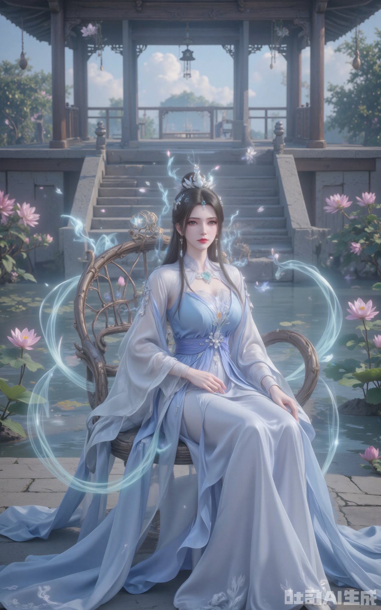 Li Muwan sat upright on the rattan flower chair. Her long dress with a gradient of blue and white was woven from the silk of the celestial silkworm, and the hem of the dress was embroidered with flowing cloud patterns and dark flowers. The pearls and jade on the phoenix crown refract a seven-colored halo in the sunlight, creating a texture contrast with the cascading black hair. In the grey eyes, there seemed to be a starry river flowing. The jade hairpin on the single chignon hung down two strands of black hair, gently brushing against the porcelain-white cheeks in the wind. The clear lake surface reflects cotton candy-like clouds. The tender pink of the newly blooming lotus leaves and the emerald green of the green leaves form a harmonious Morandi color scheme. The wood grain of the ancient pavilion is clearly visible, and the wind chimes at the eaves sway in the gentle breeze without making a sound.
lvjing,limuwan