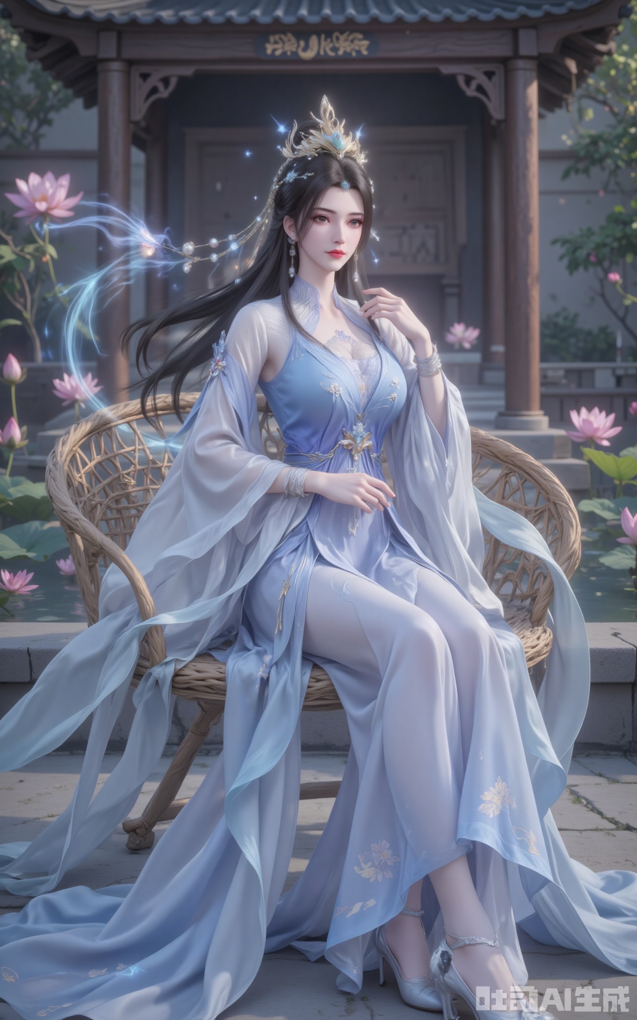 Li Muwan sat upright on the rattan flower chair. Her long dress with a gradient of blue and white was woven from the silk of the celestial silkworm, and the hem of the dress was embroidered with flowing cloud patterns and dark flowers. The pearls and jade on the phoenix crown refract a seven-colored halo in the sunlight, creating a texture contrast with the cascading black hair. In the grey eyes, there seemed to be a starry river flowing. The jade hairpin on the single chignon hung down two strands of black hair, gently brushing against the porcelain-white cheeks in the wind. The clear lake surface reflects cotton candy-like clouds. The tender pink of the newly blooming lotus leaves and the emerald green of the green leaves form a harmonious Morandi color scheme. The wood grain of the ancient pavilion is clearly visible, and the wind chimes at the eaves sway in the gentle breeze without making a sound.
lvjing,limuwan