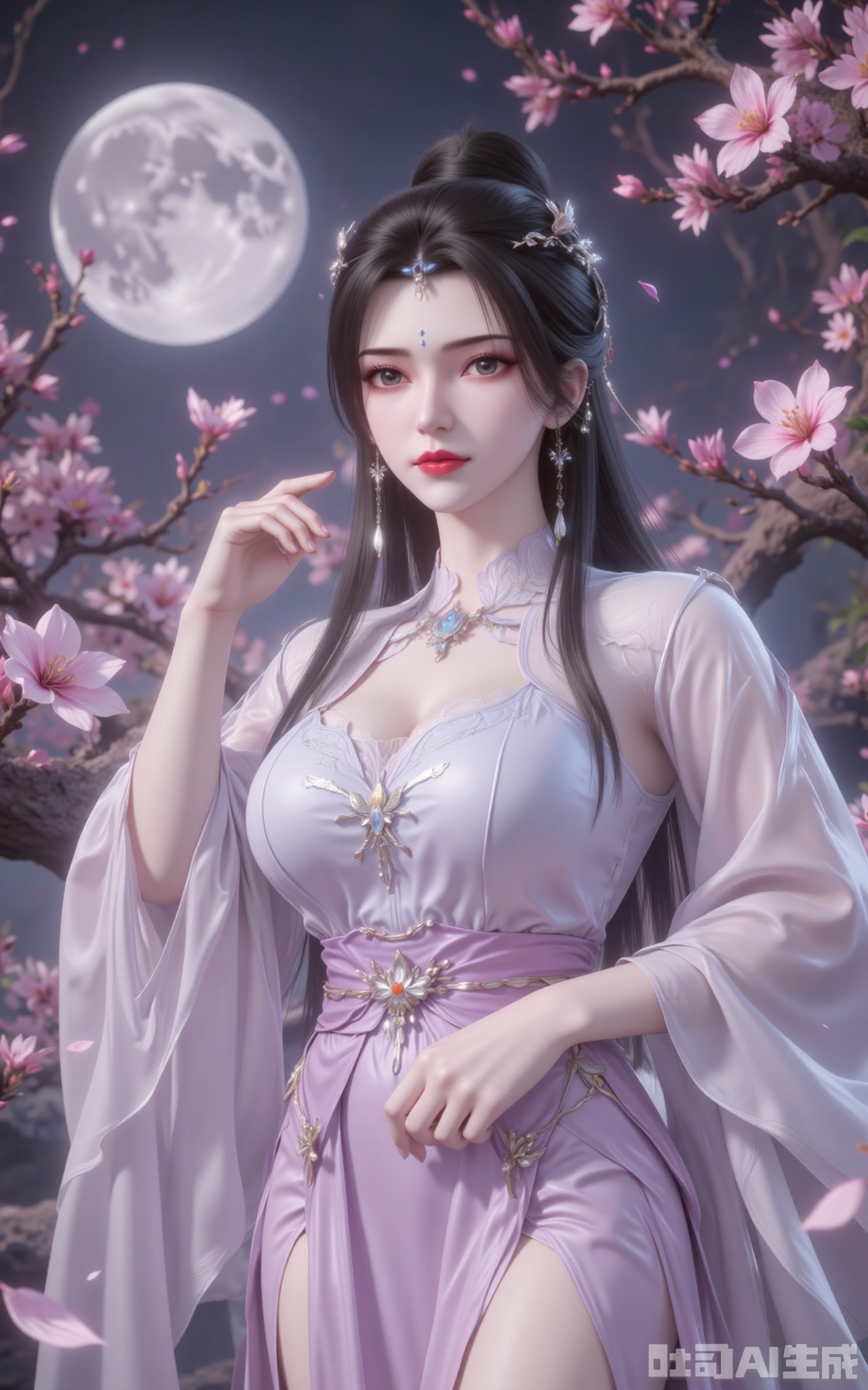 lvjing,limuwan,black hair,long hair,grey eyes,hair_bun,big breasts,white skin,headpiece,earrings, 1girl,solo,jewelry,long hair,moon,necklace,looking at viewer,branch,flower,earrings,long sleeves,bangs,wide sleeves,chinese clothes,closed mouth,forehead mark,sash,parted bangs,hand up,cherry blossoms,facial mark,full moon,upper body,petals,pink flower cover,Close-up details,outstanding style,adding a touch of dimension to your images without compromising details,close-up,


