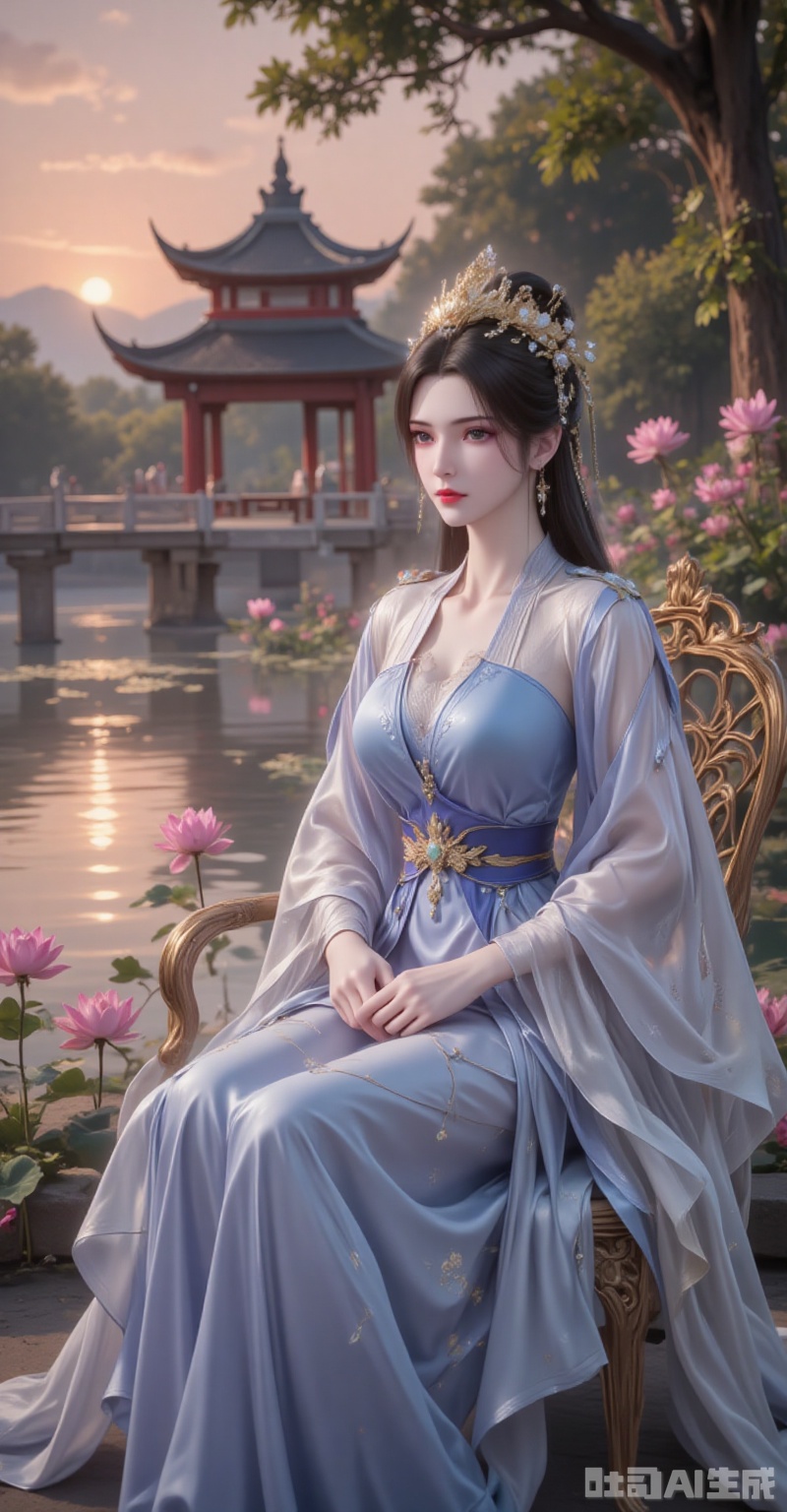 The afterglow of the setting sun dyed the sky red, and the lake surface sparkled with golden light. The green leaves stretched to the sky, and the pink lotus flowers swayed gently, reflecting a serene and ethereal charm. Li Muwan sat quietly on a chair interwoven with flowers and vines. Her wide-sleeved long dress in blue and white trickled down like flowing water. The silver streaks on her sleeves flowed in the twilight, and a faint spiritual light surrounded her. She wore a phoenix crown, with pearls and jade gently hanging down, which set off her black hair as black as ink. Her single bun added a touch of elegance and refinement. The grey eyes gaze into the distance, as if gazing at the long river of time, or as if recalling the past events. A gentle breeze blew, and the hair and the hem of the skirt fluttered. The ancient pavilion behind was reflected on the lake, and together with the lotus flowers in the pond, they formed a picture of ink-wash painting. The low-angle lens blends her figure with the universe. The warm glow of the setting sun gilds her outline with a faint golden edge, as if in the next moment, she will be carried by the wind into this landscape painting. lvjing,limuwan

