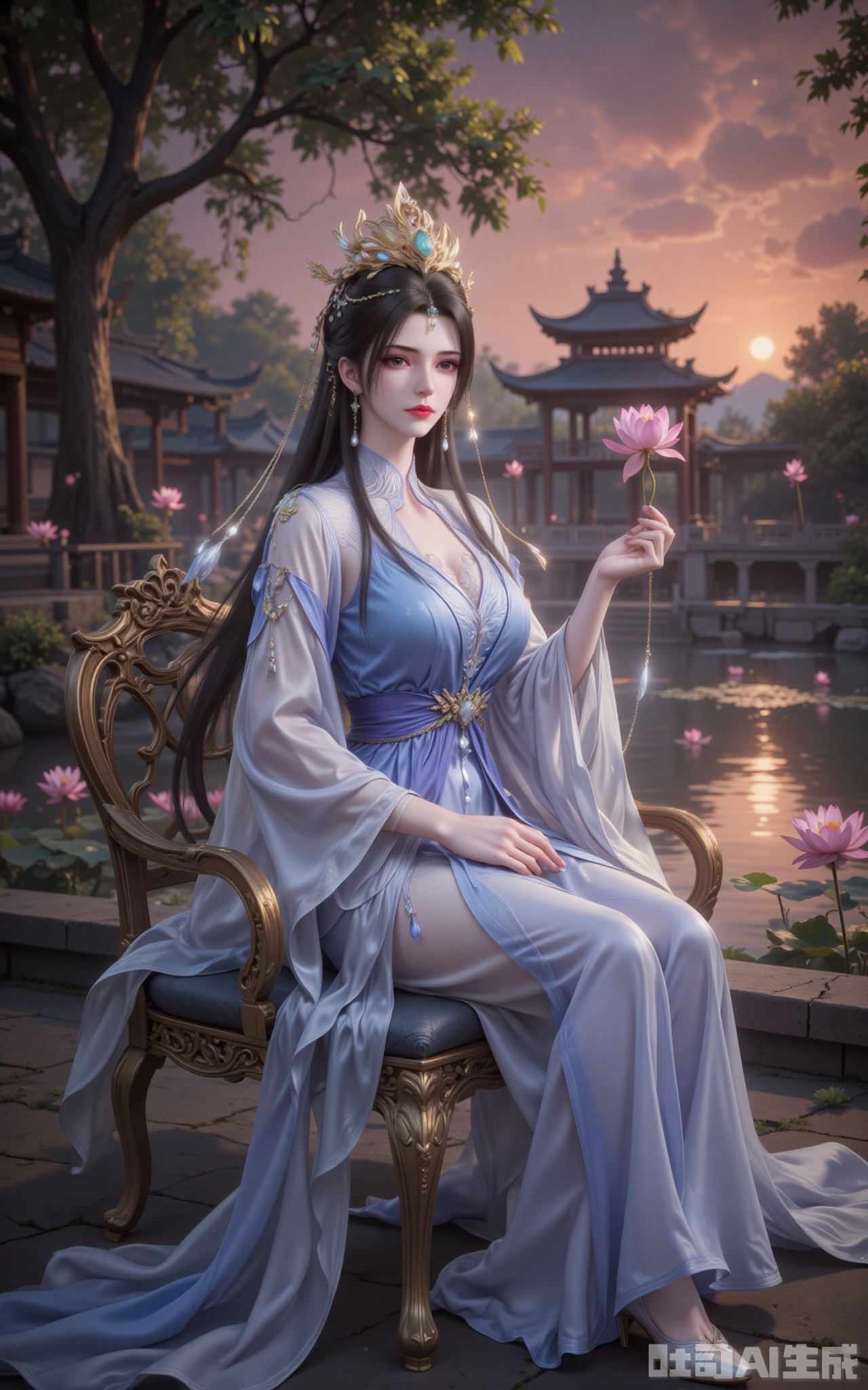 The afterglow of the setting sun dyed the sky red, and the lake surface sparkled with golden light. The green leaves stretched to the sky, and the pink lotus flowers swayed gently, reflecting a serene and ethereal charm. Li Muwan sat quietly on a chair interwoven with flowers and vines. Her wide-sleeved long dress in blue and white trickled down like flowing water. The silver streaks on her sleeves flowed in the twilight, and a faint spiritual light surrounded her. She wore a phoenix crown, with pearls and jade gently hanging down, which set off her black hair as black as ink. Her single bun added a touch of elegance and refinement. The grey eyes gaze into the distance, as if gazing at the long river of time, or as if recalling the past events. A gentle breeze blew, and the hair and the hem of the skirt fluttered. The ancient pavilion behind was reflected on the lake, and together with the lotus flowers in the pond, they formed a picture of ink-wash painting. The low-angle lens blends her figure with the universe. The warm glow of the setting sun gilds her outline with a faint golden edge, as if in the next moment, she will be carried by the wind into this landscape painting. lvjing,limuwan


