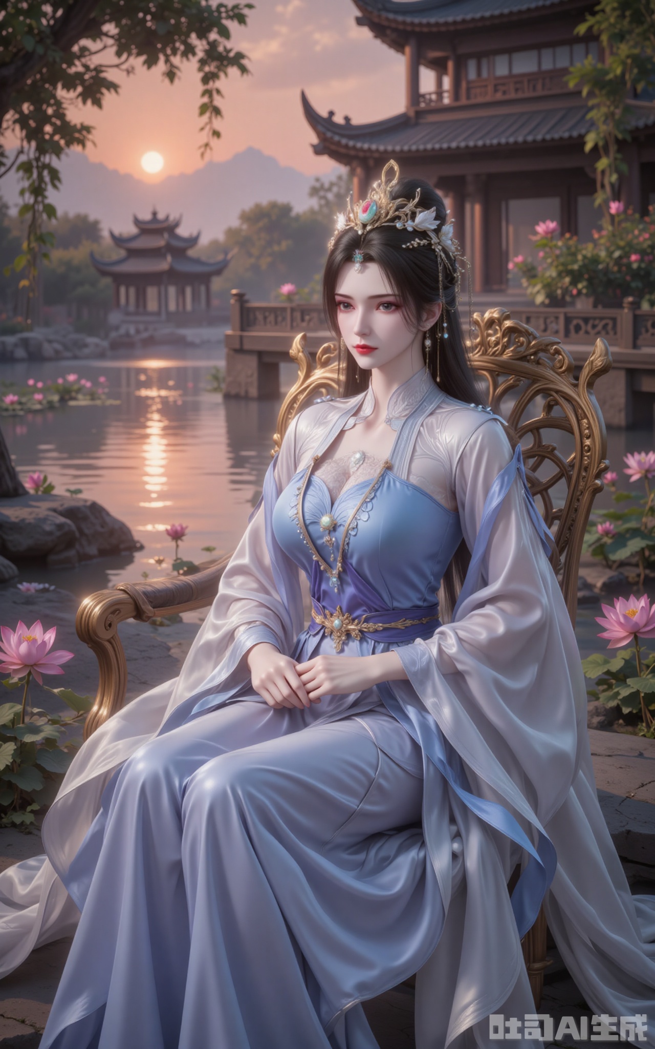 The afterglow of the setting sun dyed the sky red, and the lake surface sparkled with golden light. The green leaves stretched to the sky, and the pink lotus flowers swayed gently, reflecting a serene and ethereal charm. Li Muwan sat quietly on a chair interwoven with flowers and vines. Her wide-sleeved long dress in blue and white trickled down like flowing water. The silver streaks on her sleeves flowed in the twilight, and a faint spiritual light surrounded her. She wore a phoenix crown, with pearls and jade gently hanging down, which set off her black hair as black as ink. Her single bun added a touch of elegance and refinement. The grey eyes gaze into the distance, as if gazing at the long river of time, or as if recalling the past events. A gentle breeze blew, and the hair and the hem of the skirt fluttered. The ancient pavilion behind was reflected on the lake, and together with the lotus flowers in the pond, they formed a picture of ink-wash painting. The low-angle lens blends her figure with the universe. The warm glow of the setting sun gilds her outline with a faint golden edge, as if in the next moment, she will be carried by the wind into this landscape painting. lvjing,limuwan

