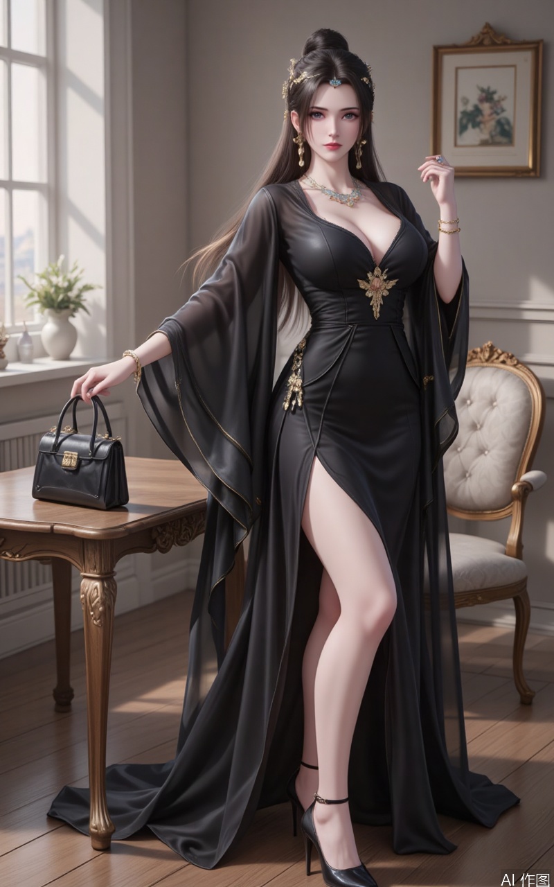 lvjing,limuwan,black hair,long hair,grey eyes,hair_bun,big breasts,white skin,headpiece,earrings,
1girl,handbag,jewelry,solo,dress,necklace,black dress,bag,brown hair,earrings,bracelet,table,indoors,high heels,looking at viewer,brown eyes,standing,black footwear,ring,chair,wooden floor,holding,window,holding bag,realistic
cover,Close-up details,outstanding style,adding a touch of dimension to your images without compromising details,close-up,