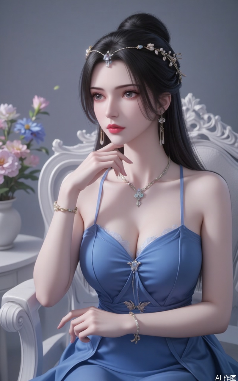 lvjing,limuwan,black hair,long hair,grey eyes,hair_bun,big breasts,white skin,headpiece,earrings,
1girl,dress,jewelry,solo,earrings,flower,breasts,long hair,bracelet,cleavage,sitting,blue dress,strap slip,hoop earrings,black hair,chair,medium breasts,lips,looking to the side,makeup,bare shoulders,looking away,red lips,hand on own chin,sleeveless,collarbone,spaghetti strap,necklace,simple background,gradient_background
cover,Close-up details,outstanding style,adding a touch of dimension to your images without compromising details,close-up,