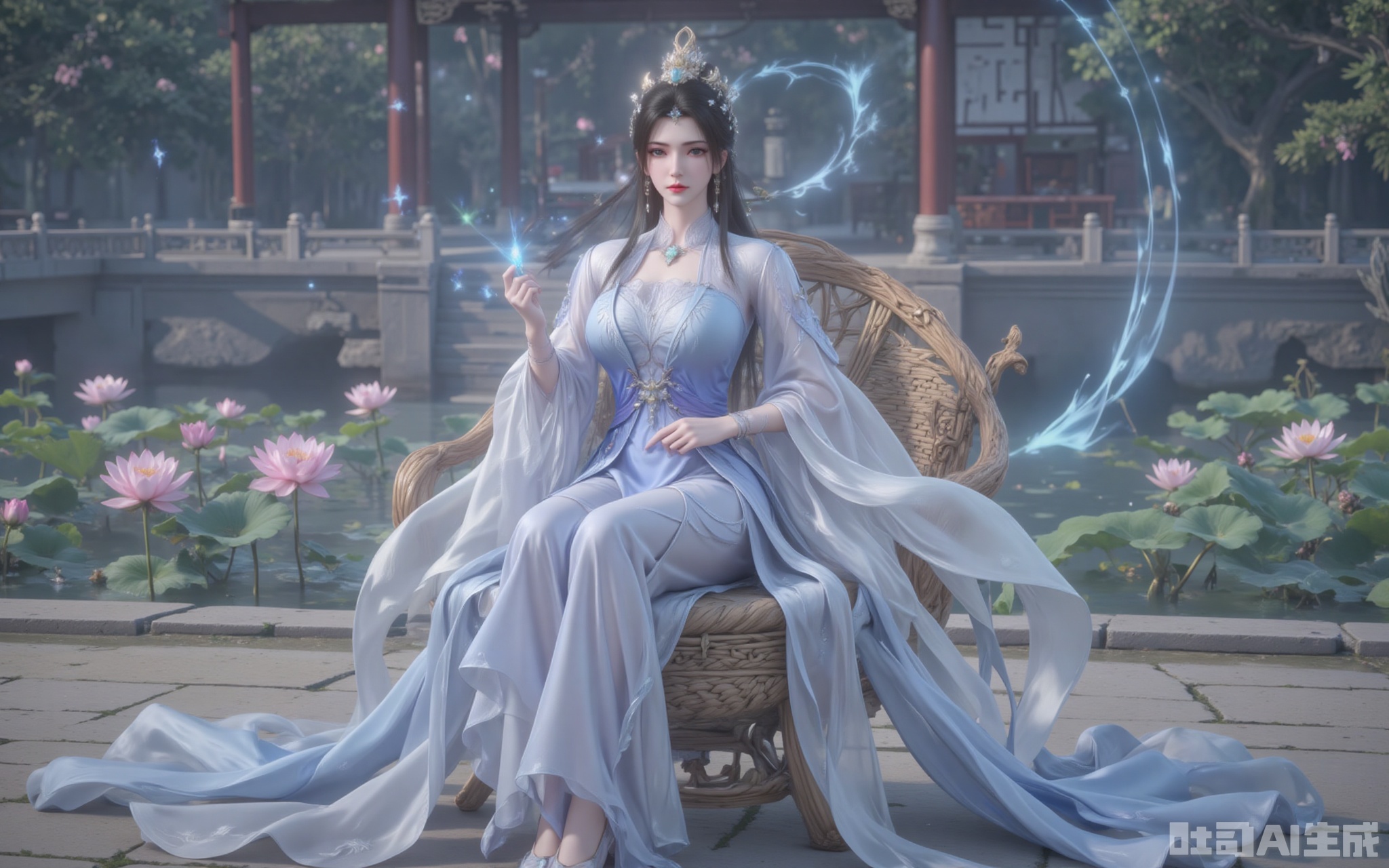 Li Muwan sat upright on the rattan flower chair. Her long dress with a gradient of blue and white was woven from the silk of the celestial silkworm, and the hem of the dress was embroidered with flowing cloud patterns and dark flowers. The pearls and jade on the phoenix crown refract a seven-colored halo in the sunlight, creating a texture contrast with the cascading black hair. In the grey eyes, there seemed to be a starry river flowing. The jade hairpin on the single chignon hung down two strands of black hair, gently brushing against the porcelain-white cheeks in the wind. The clear lake surface reflects cotton candy-like clouds. The tender pink of the newly blooming lotus leaves and the emerald green of the green leaves form a harmonious Morandi color scheme. The wood grain of the ancient pavilion is clearly visible, and the wind chimes at the eaves sway in the gentle breeze without making a sound.
lvjing,limuwan