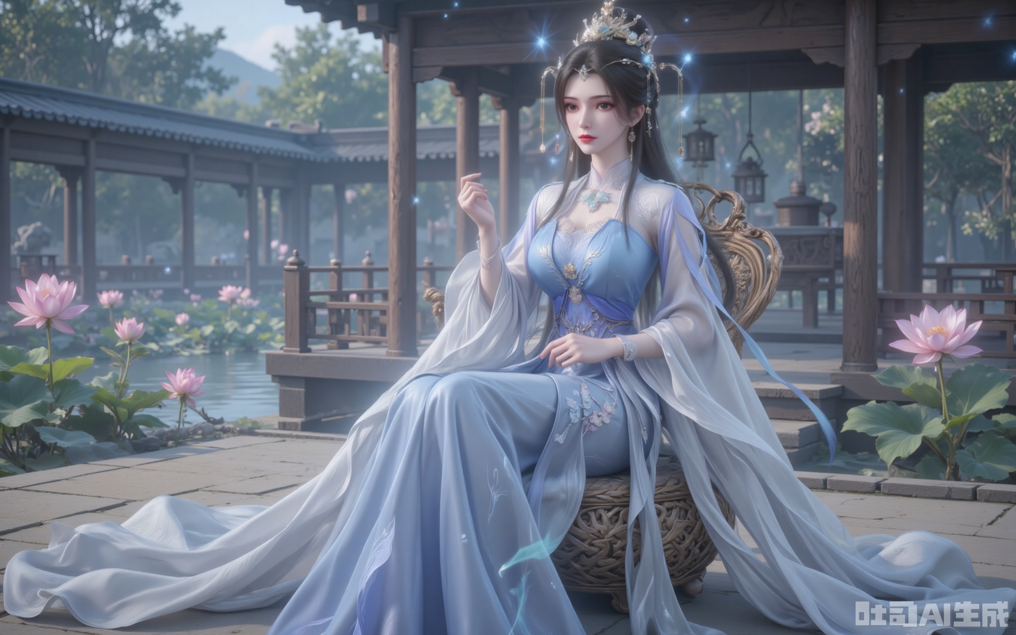 Li Muwan sat upright on the rattan flower chair. Her long dress with a gradient of blue and white was woven from the silk of the celestial silkworm, and the hem of the dress was embroidered with flowing cloud patterns and dark flowers. The pearls and jade on the phoenix crown refract a seven-colored halo in the sunlight, creating a texture contrast with the cascading black hair. In the grey eyes, there seemed to be a starry river flowing. The jade hairpin on the single chignon hung down two strands of black hair, gently brushing against the porcelain-white cheeks in the wind. The clear lake surface reflects cotton candy-like clouds. The tender pink of the newly blooming lotus leaves and the emerald green of the green leaves form a harmonious Morandi color scheme. The wood grain of the ancient pavilion is clearly visible, and the wind chimes at the eaves sway in the gentle breeze without making a sound.
lvjing,limuwan