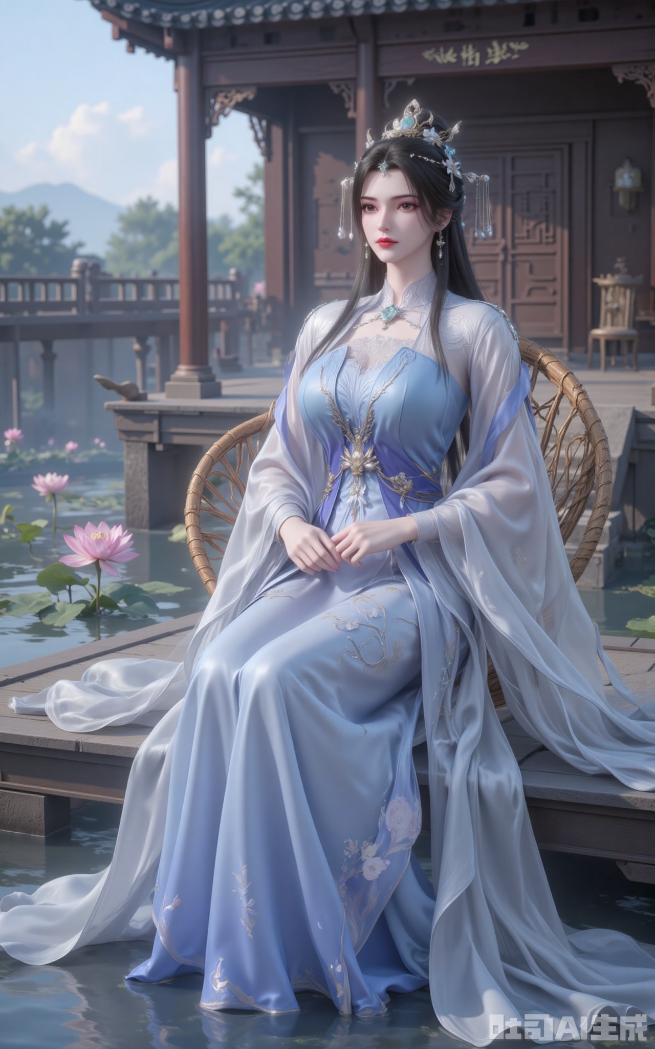 Li Muwan sat upright on the rattan flower chair. Her long dress with a gradient of blue and white was woven from the silk of the celestial silkworm, and the hem of the dress was embroidered with flowing cloud patterns and dark flowers. The pearls and jade on the phoenix crown refract a seven-colored halo in the sunlight, creating a texture contrast with the cascading black hair. In the grey eyes, there seemed to be a starry river flowing. The jade hairpin on the single chignon hung down two strands of black hair, gently brushing against the porcelain-white cheeks in the wind. The clear lake surface reflects cotton candy-like clouds. The tender pink of the newly blooming lotus leaves and the emerald green of the green leaves form a harmonious Morandi color scheme. The wood grain of the ancient pavilion is clearly visible, and the wind chimes at the eaves sway in the gentle breeze without making a sound.
lvjing,limuwan