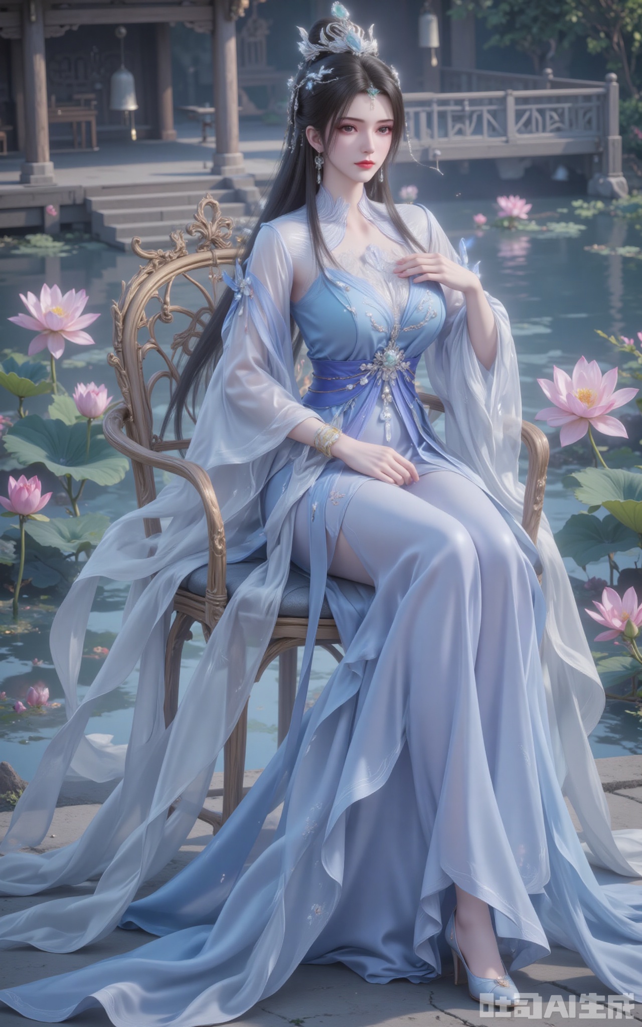 Li Muwan sat upright on the rattan flower chair. Her long dress with a gradient of blue and white was woven from the silk of the celestial silkworm, and the hem of the dress was embroidered with flowing cloud patterns and dark flowers. The pearls and jade on the phoenix crown refract a seven-colored halo in the sunlight, creating a texture contrast with the cascading black hair. In the grey eyes, there seemed to be a starry river flowing. The jade hairpin on the single chignon hung down two strands of black hair, gently brushing against the porcelain-white cheeks in the wind. The clear lake surface reflects cotton candy-like clouds. The tender pink of the newly blooming lotus leaves and the emerald green of the green leaves form a harmonious Morandi color scheme. The wood grain of the ancient pavilion is clearly visible, and the wind chimes at the eaves sway in the gentle breeze without making a sound.
lvjing,limuwan