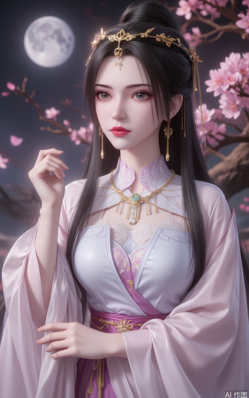 lvjing,limuwan,black hair,long hair,grey eyes,hair_bun,big breasts,white skin,headpiece,earrings,
1girl,solo,jewelry,long hair,moon,necklace,looking at viewer,branch,flower,earrings,long sleeves,bangs,wide sleeves,chinese clothes,closed mouth,forehead mark,sash,parted bangs,hand up,cherry blossoms,facial mark,full moon,upper body,petals,pink flower
cover,Close-up details,outstanding style,adding a touch of dimension to your images without compromising details,close-up,