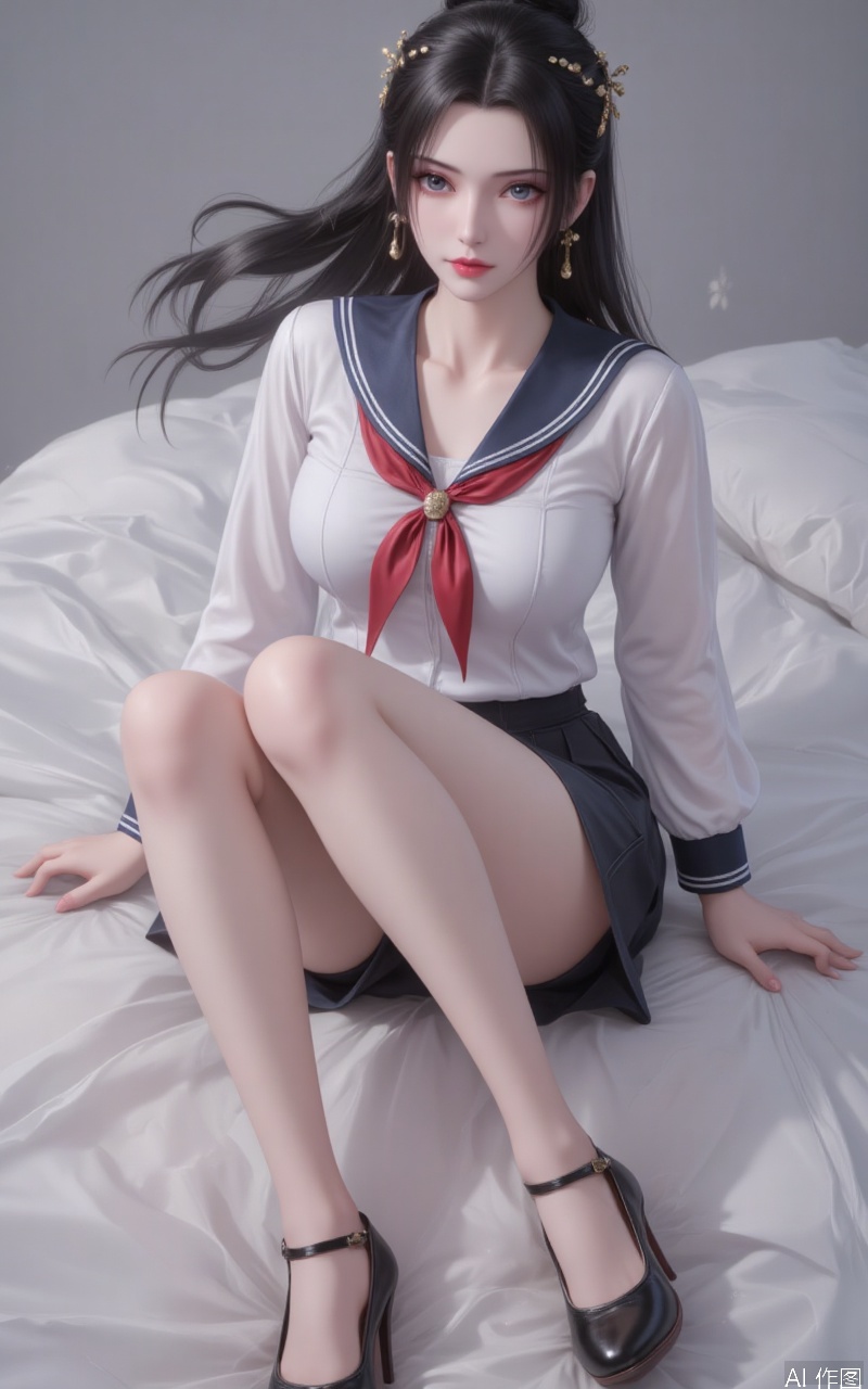lvjing,limuwan,black hair,long hair,grey eyes,hair_bun,big breasts,white skin,headpiece,earrings,
1girl,solo,skirt,blue eyes,school uniform,high heels,long sleeves,pleated skirt,serafuku,sailor collar,shirt,black footwear,black skirt,white shirt,hair between eyes,bangs,closed mouth,looking at viewer,floating hair,breasts,neckerchief,red neckerchief,bare legs,red bow,legs,crossed_legs,sitting
cover,Close-up details,outstanding style,adding a touch of dimension to your images without compromising details,close-up,